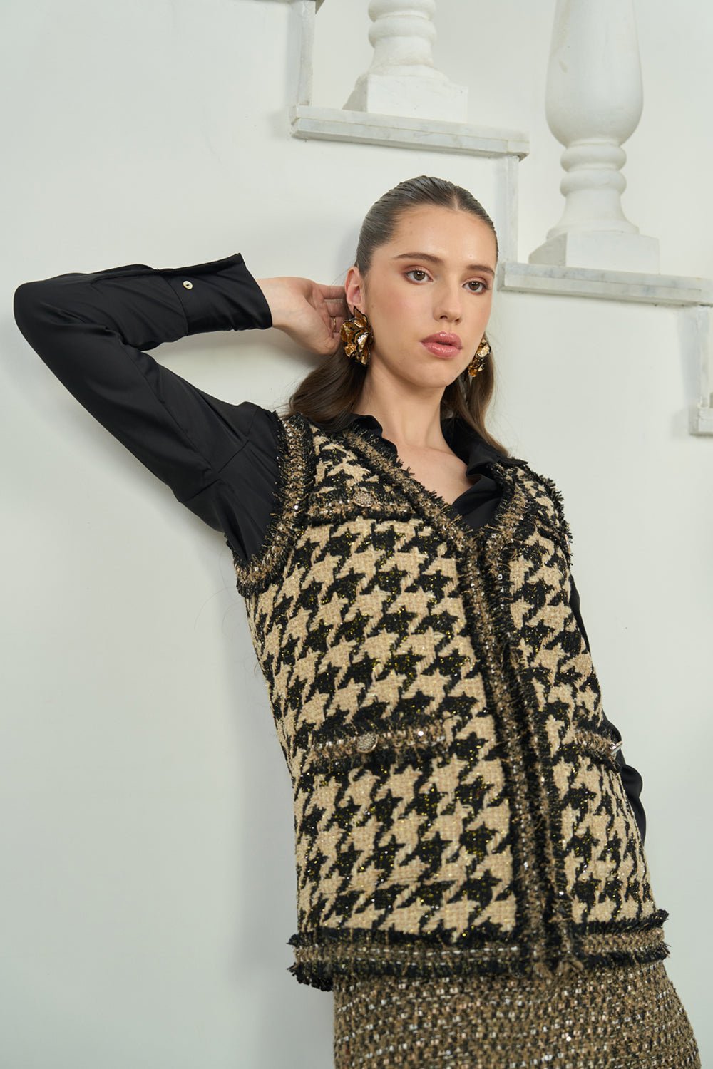 Gold/Black Herringbone Tweed Sleeveless Jacket