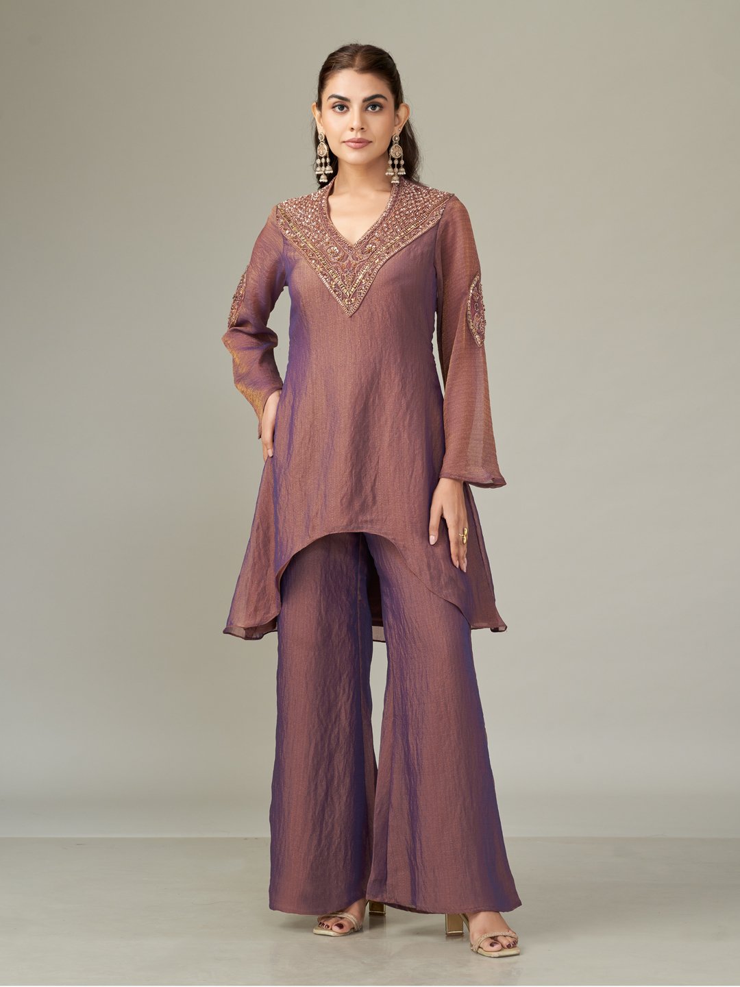 Antique Plum Shimmer Chiffon Kurta and Pant Co-ord Set