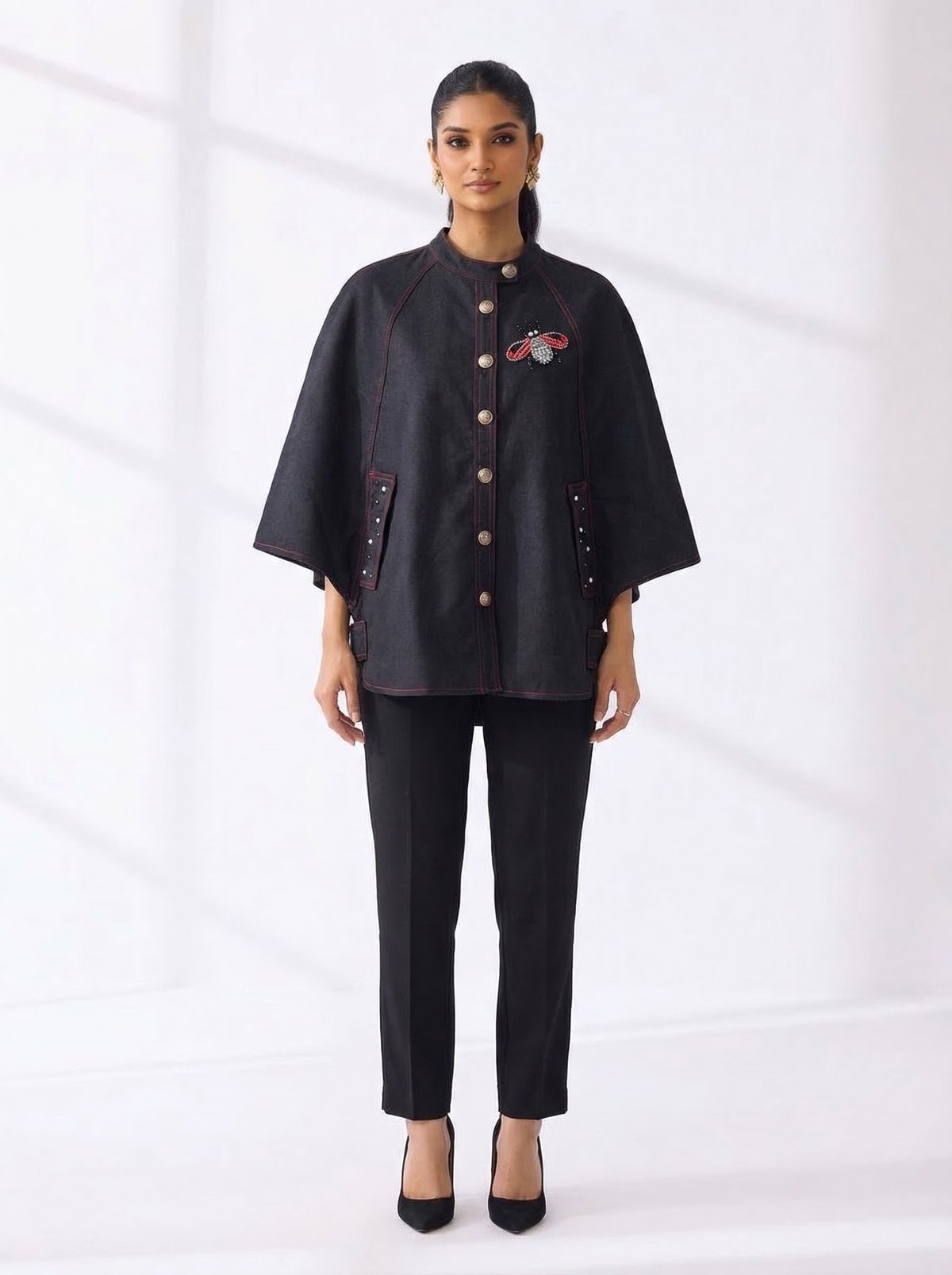 Black Button-Front Cape with Mandarin Collar