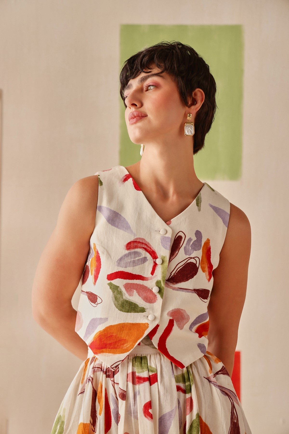 Cream Abstract Printed Button-Front Crop Top