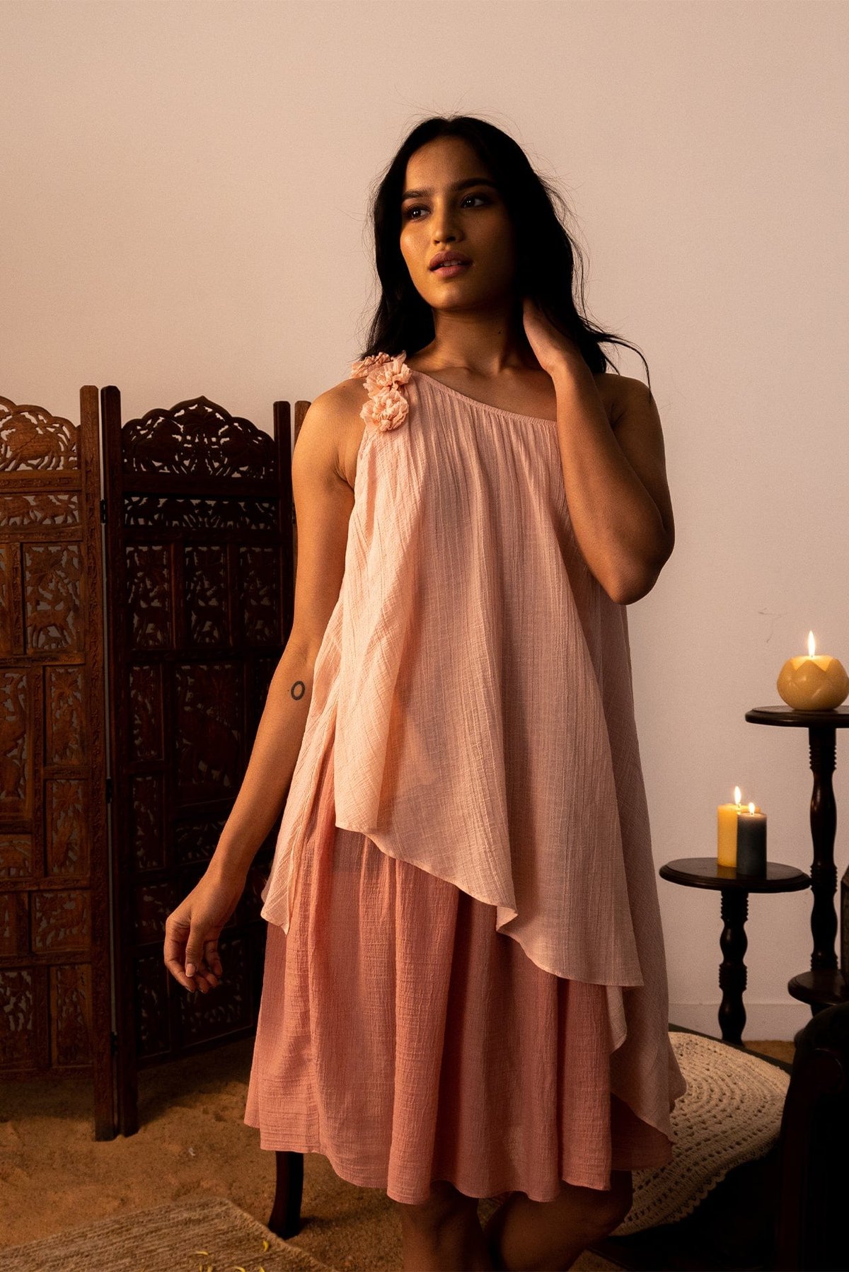 Dusty Pink One-Shoulder Tiered Knee-Length Dress