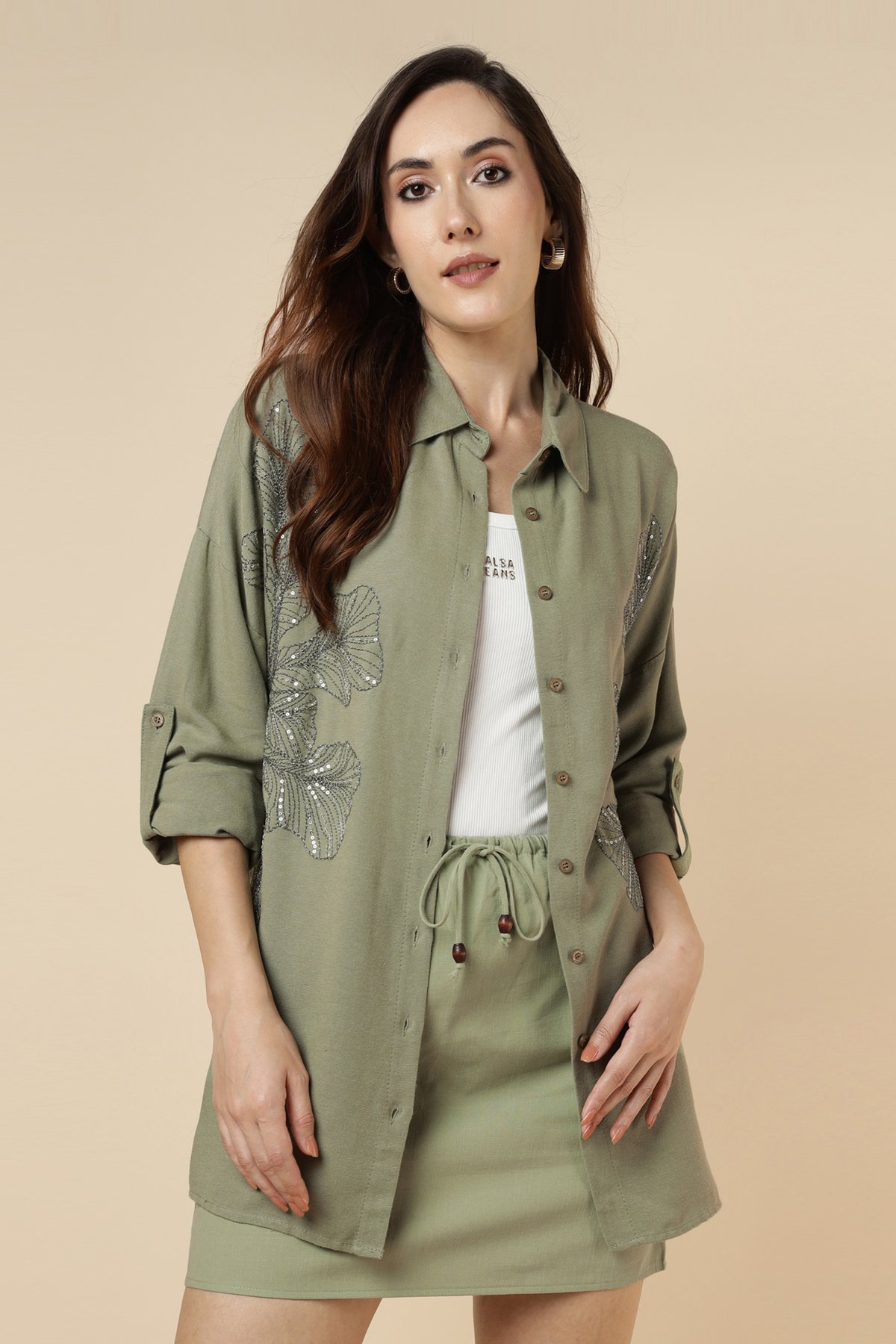 Green Longline Shirt with Sequin Foliage Motif
