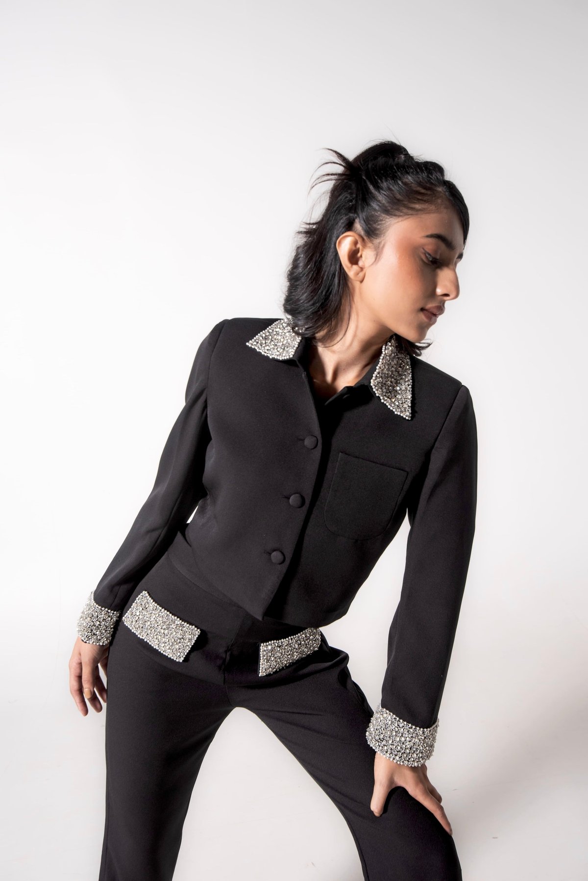 Black Cropped Jacket with Crystal-Embellished Collar