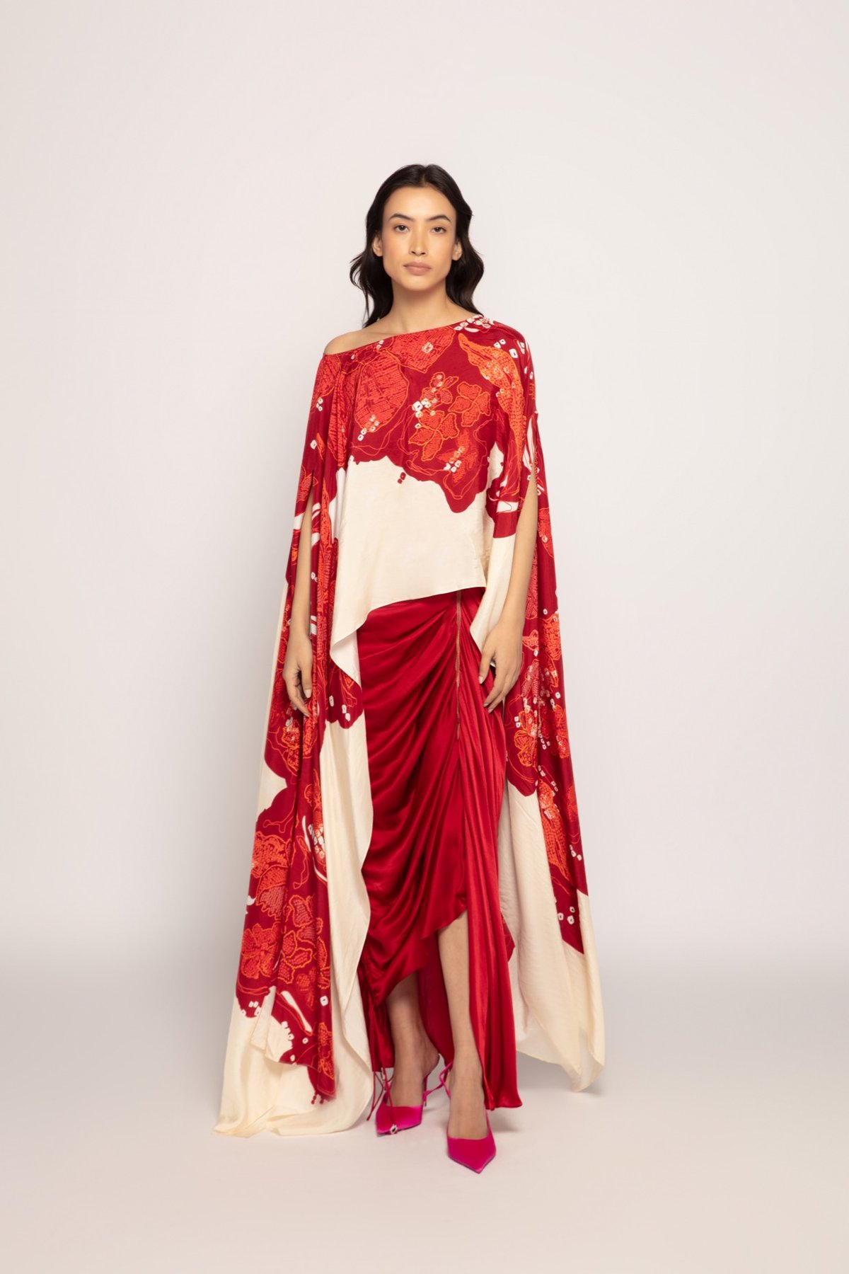 Maroon Silk Satin Draped Asymmetric Midi Skirt