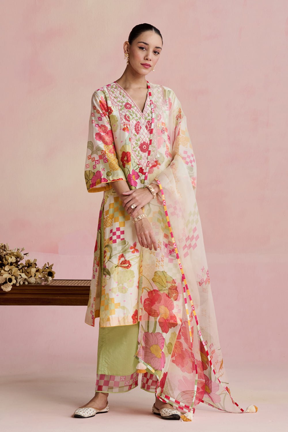 Multicolor Printed Silk Chanderi Kurta Set with Dupatta
