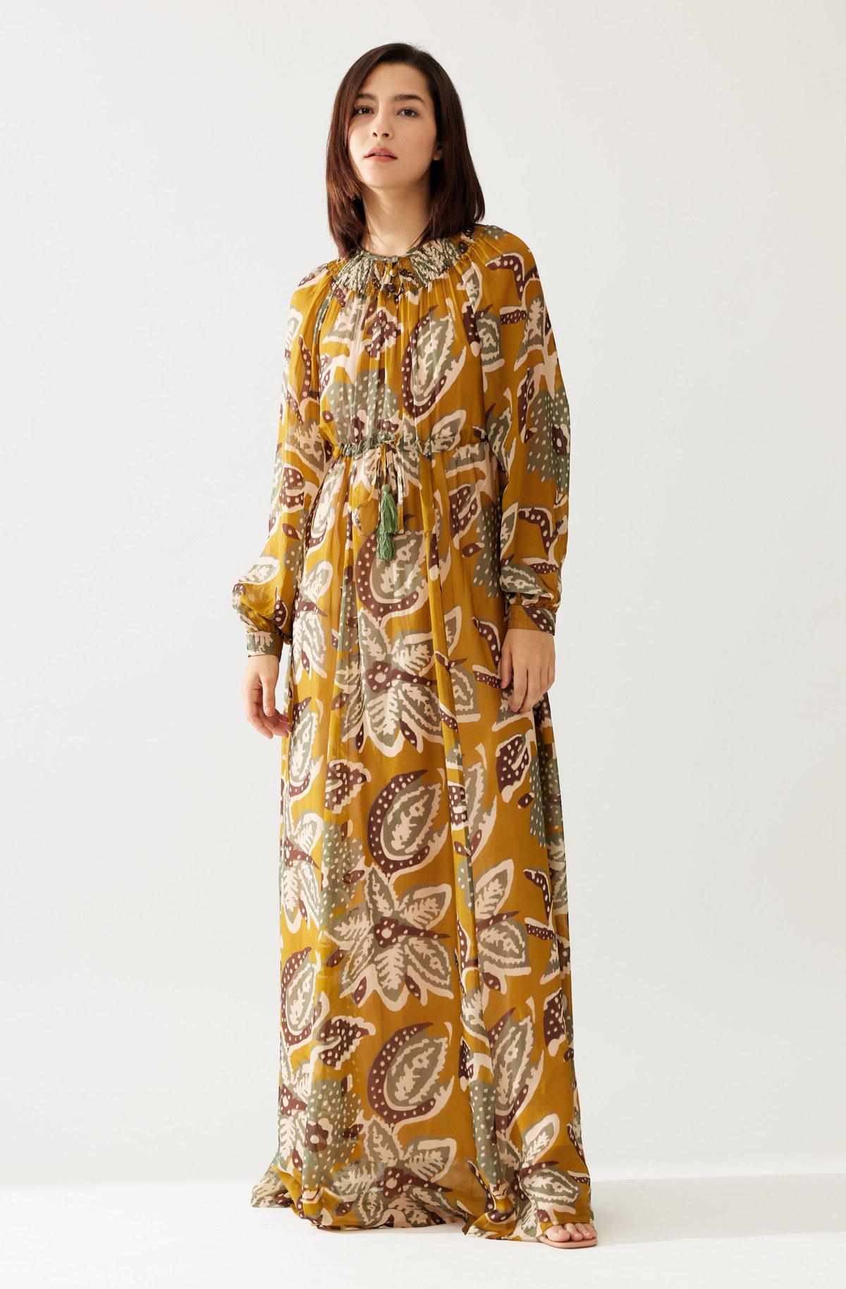 Mustard And Olive Floral Kaftan Dress