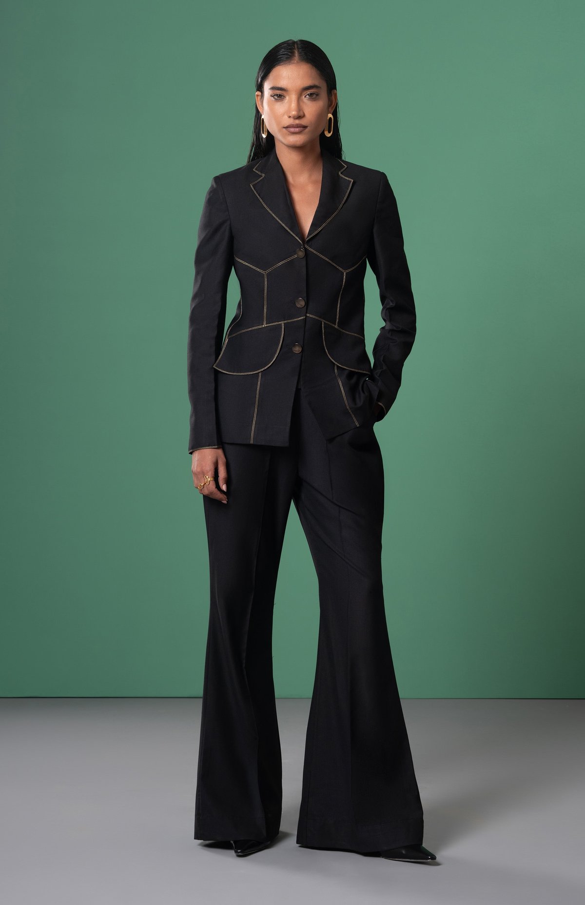Black Panelled Tailored Blazer with Contrast Topstitch