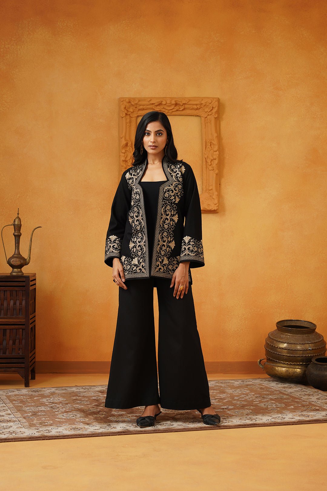 Black Embroidered Jacket and Wide-Leg Pants Co-ord Set