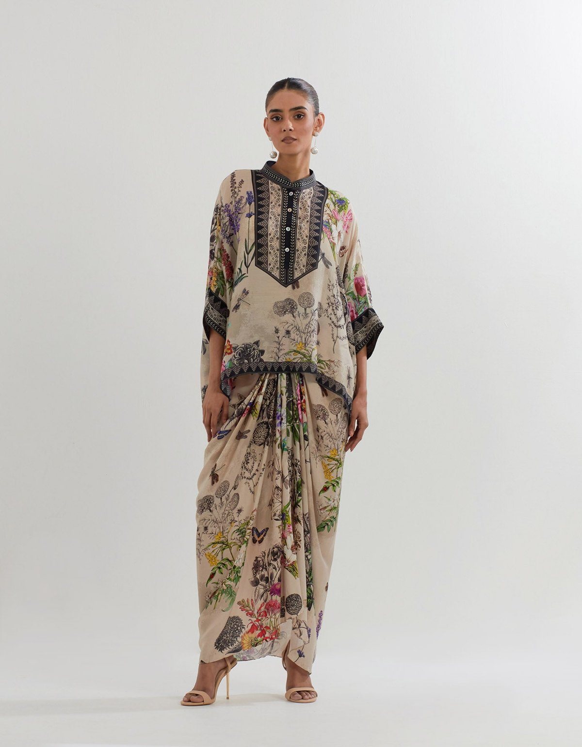 Multicolour Botanical Kaftan Top and Drape Skirt Set
