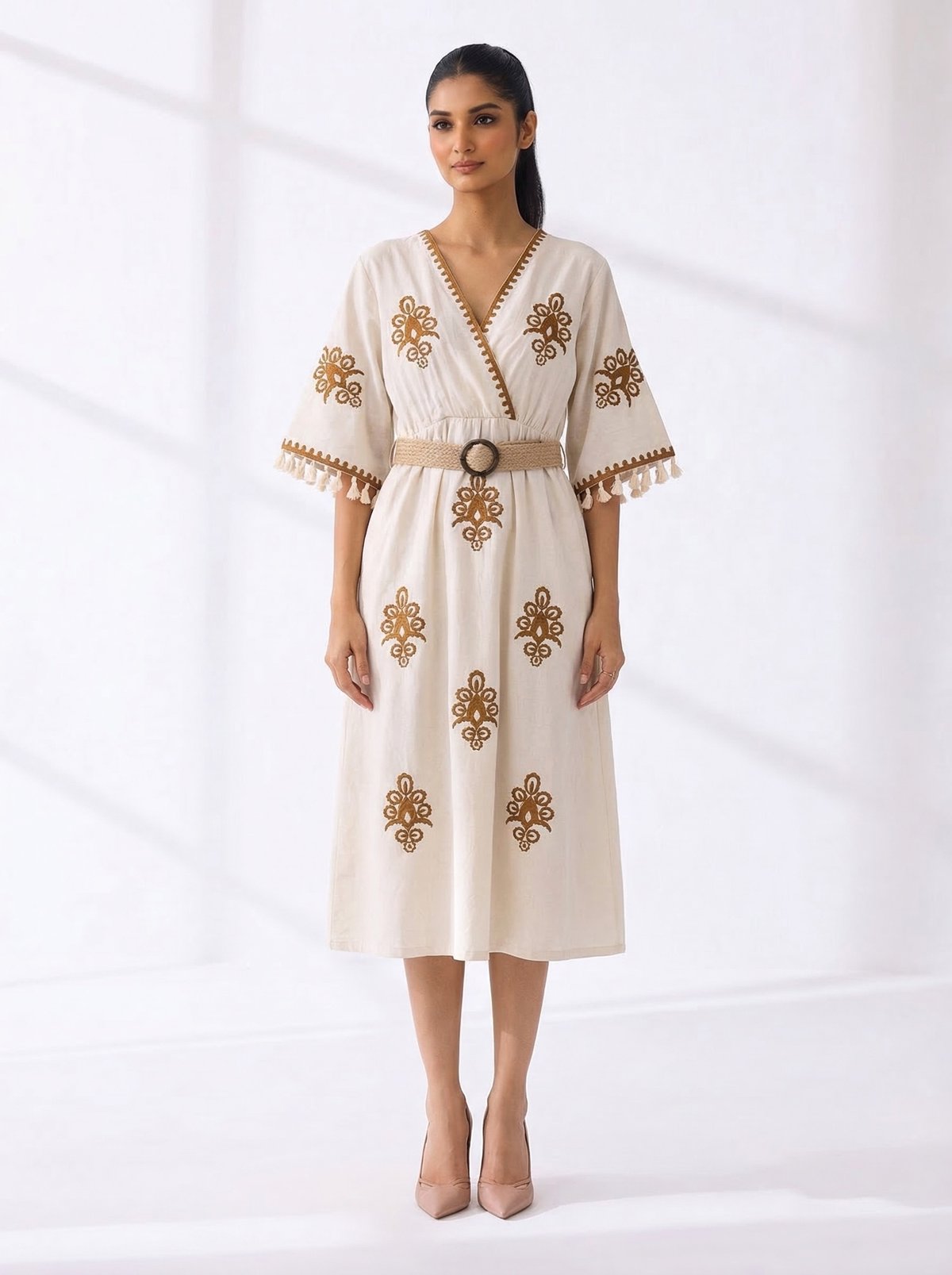 Natural Taba Embroidered Belted Midi Dress