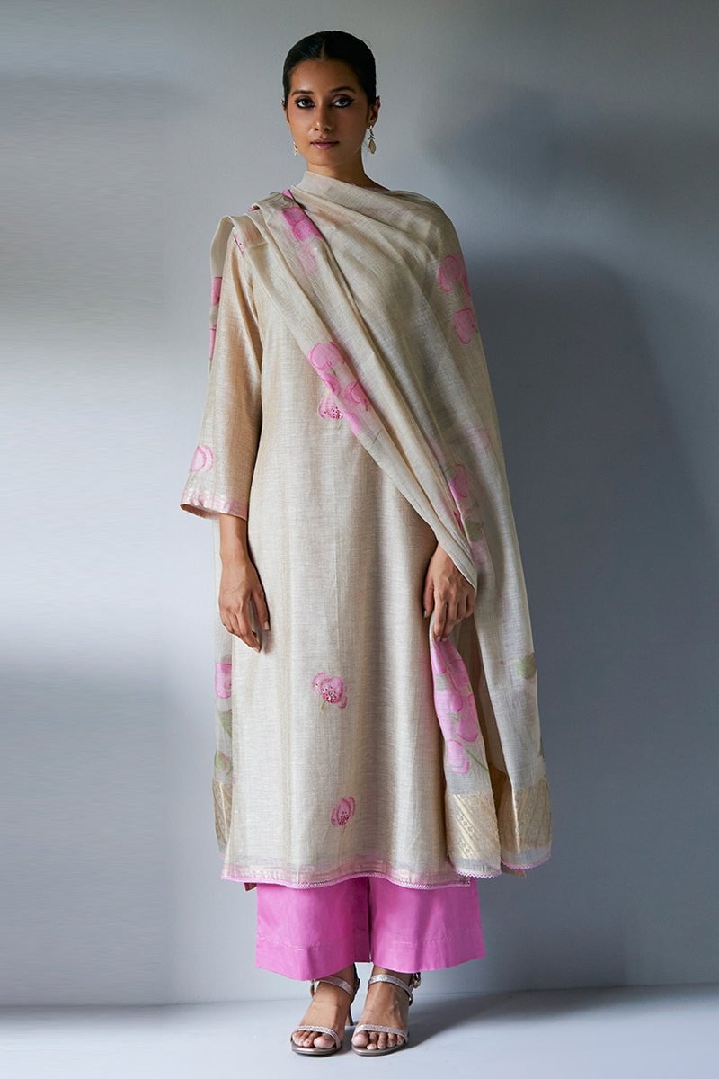 Beige Pink Straight Kurta Set With Dupatta