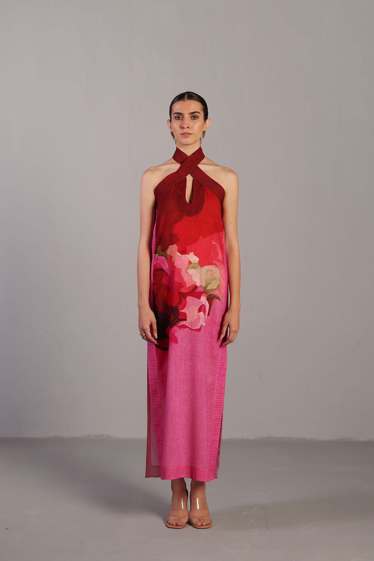Fuchsia Pink Printed Halter Neck Linen Maxi Dress