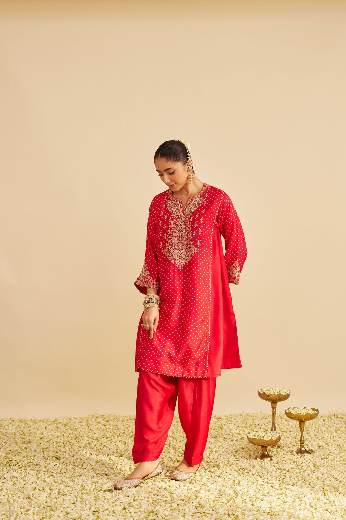 Red Bandhani A-Line Kurta Set with Salwar