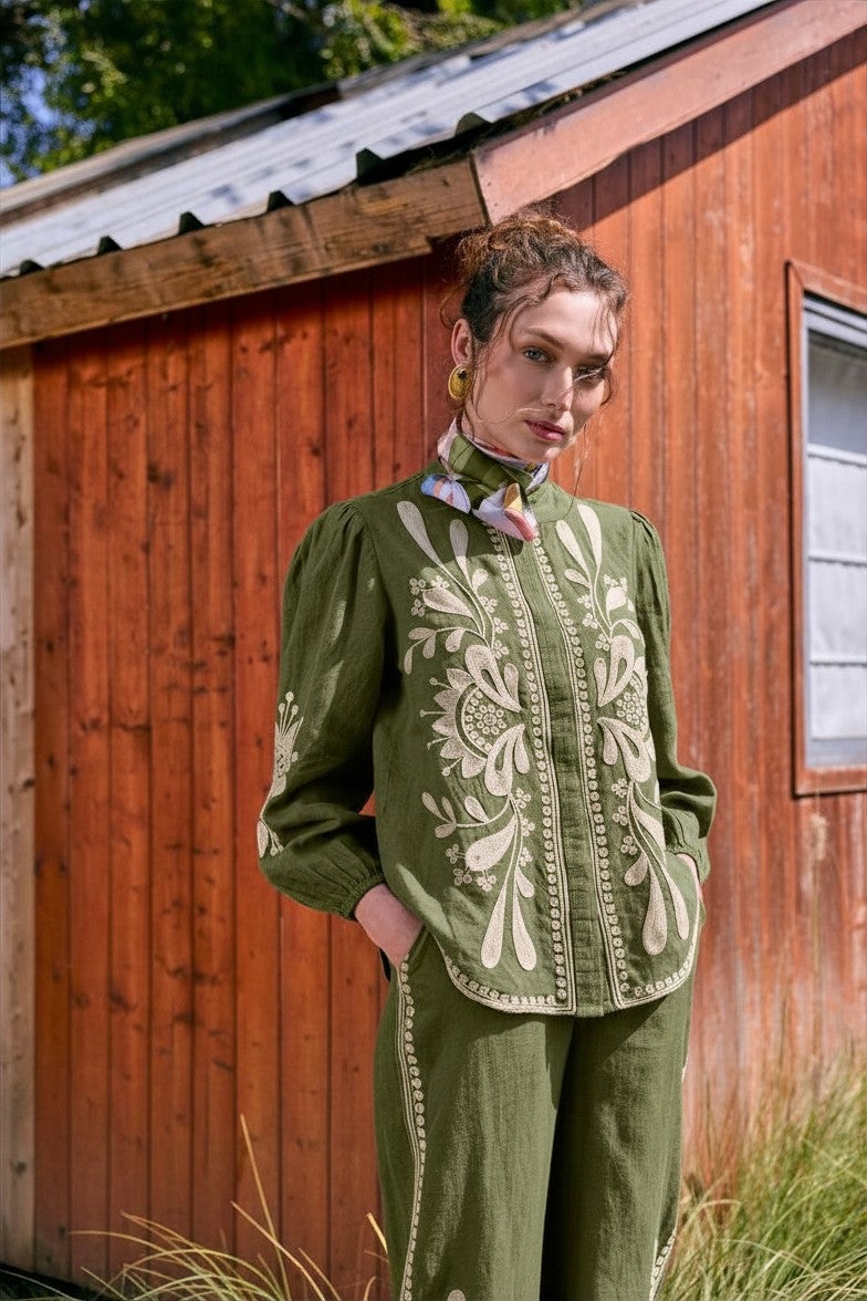 Green Linen Embroidered Mandarin Collar Blouse