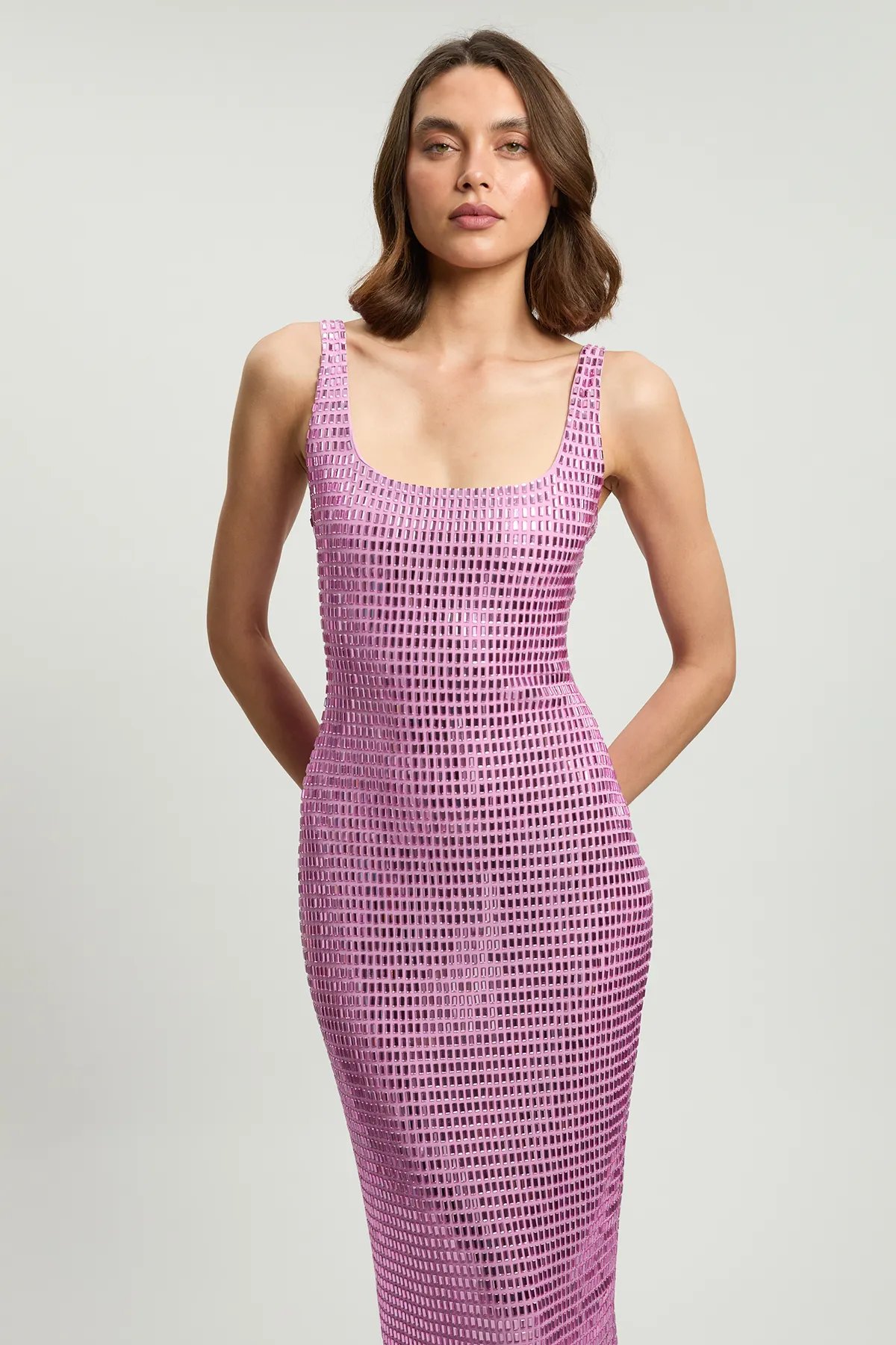 Baby Pink Crystal Embellished Bodycon Midi Dress