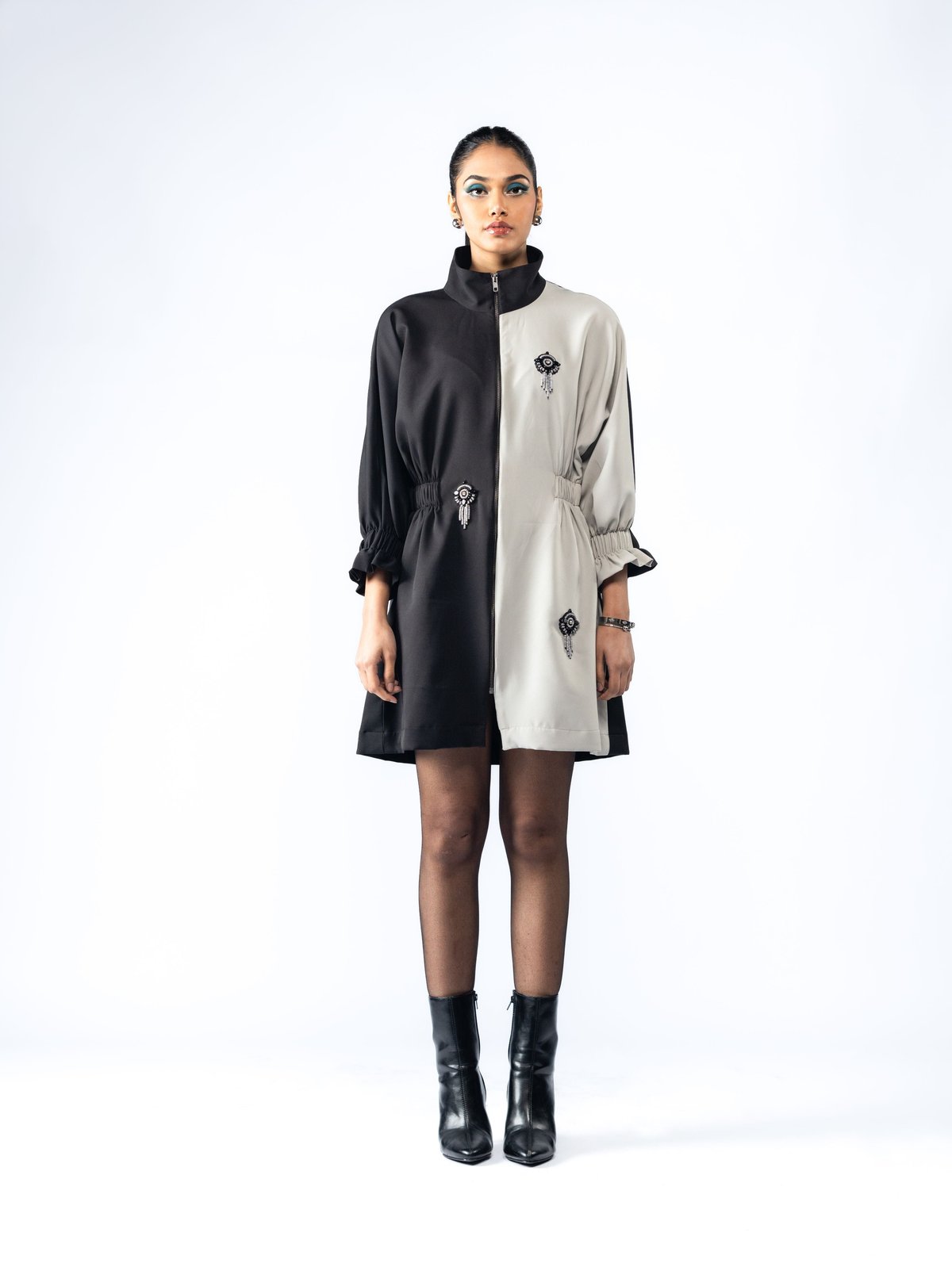 Black and Grey Colorblock Zip-Front Mini Dress