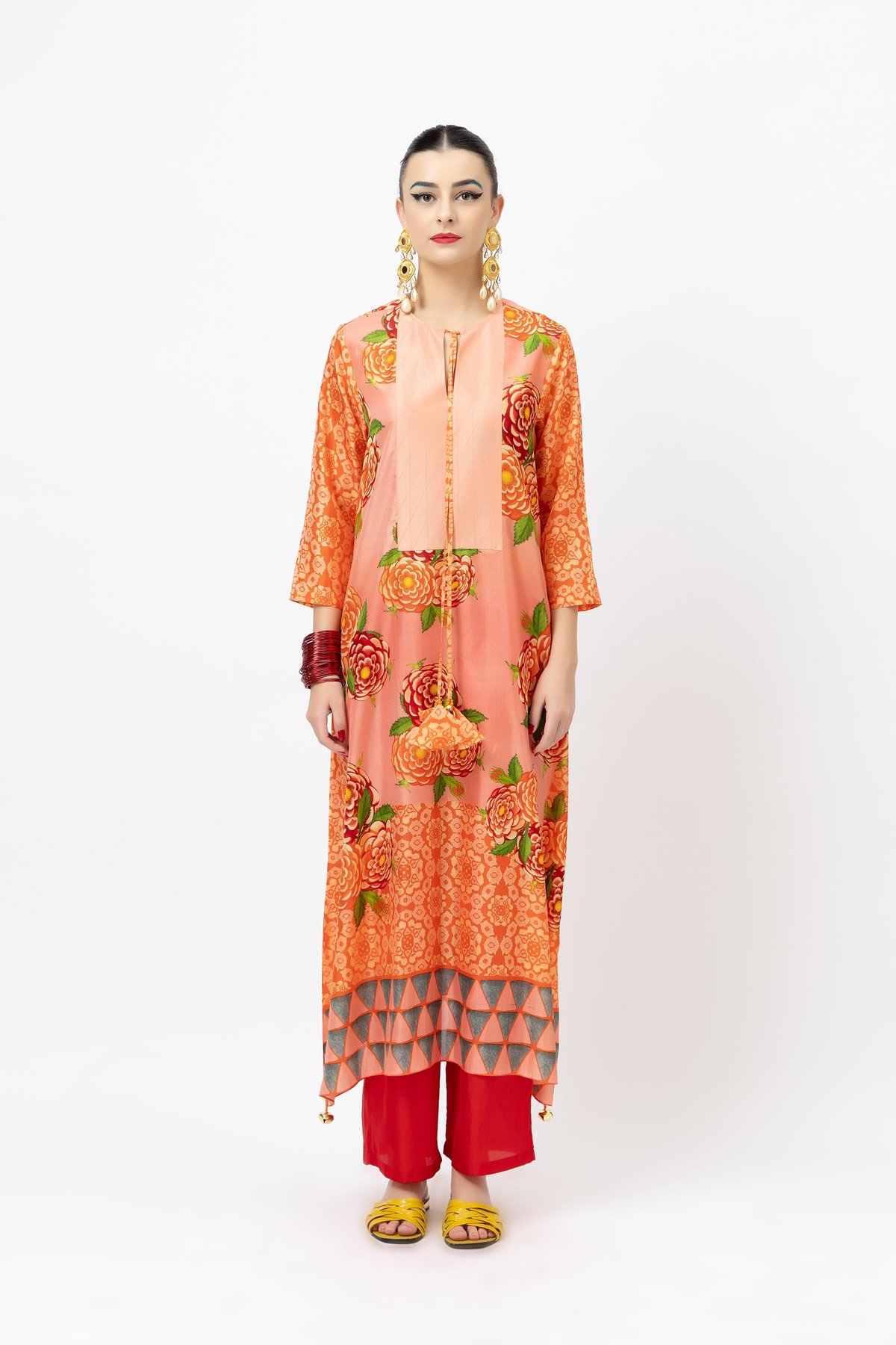 Orange Silk Floral Printed A-Line Kurta Set with Dupatta