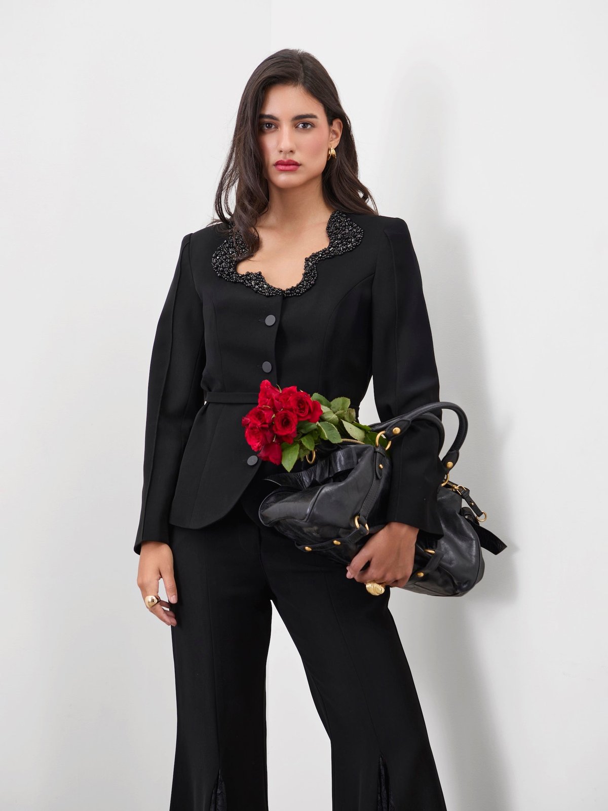 Black Belted Blazer Top with Embroidered Neckline