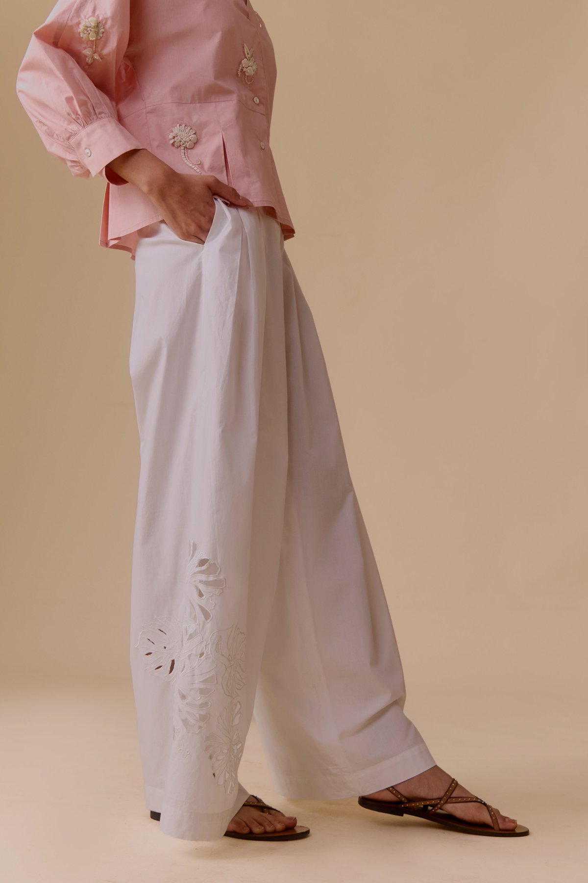 White Wide-Leg Cotton Poplin Trousers with Cutwork