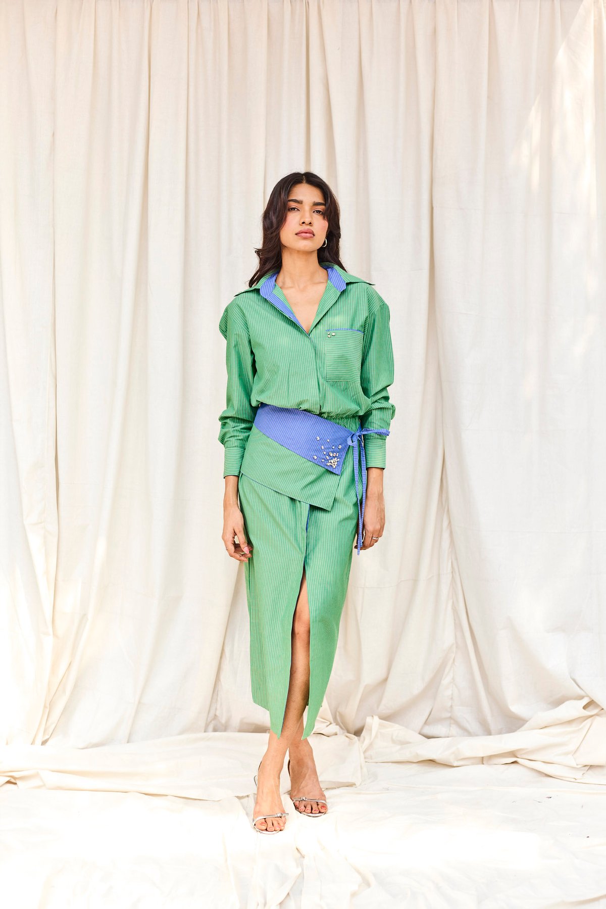 Green Striped Hand Embroidered Midi Dress With Belt