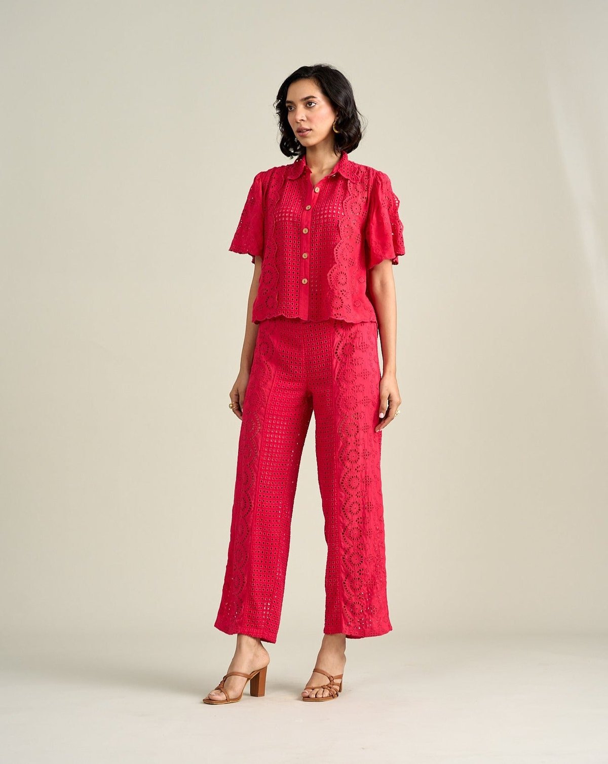 Red Schiffli Cutwork Wide-Leg High-Rise Trousers