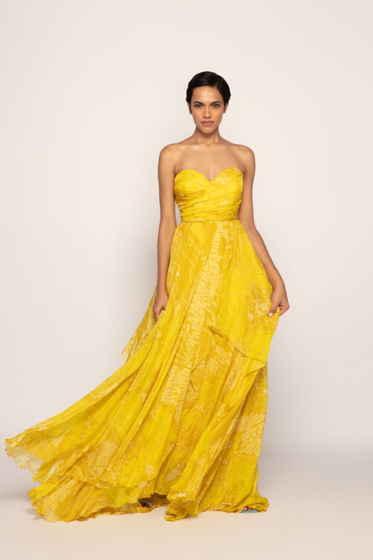 Yellow Strapless Bandhani Print Chiffon Maxi Gown