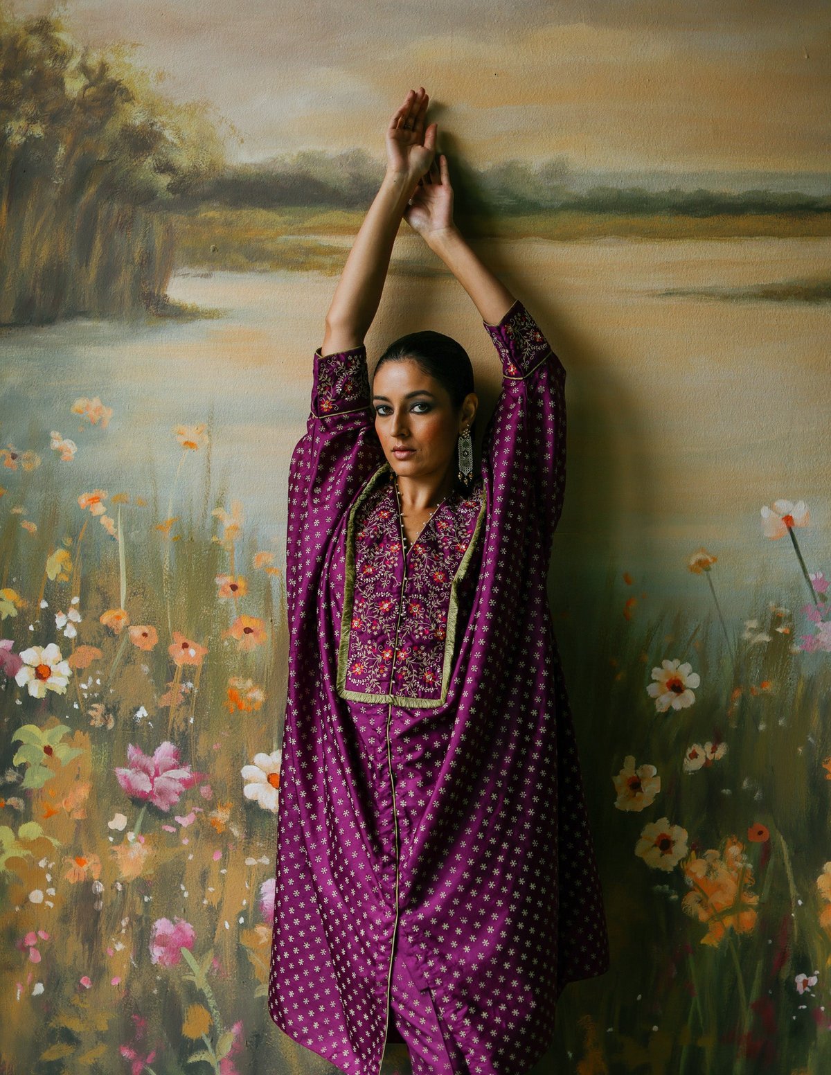 Aubergine Silk Block Print Co-ord Set with Cigarette Pants
