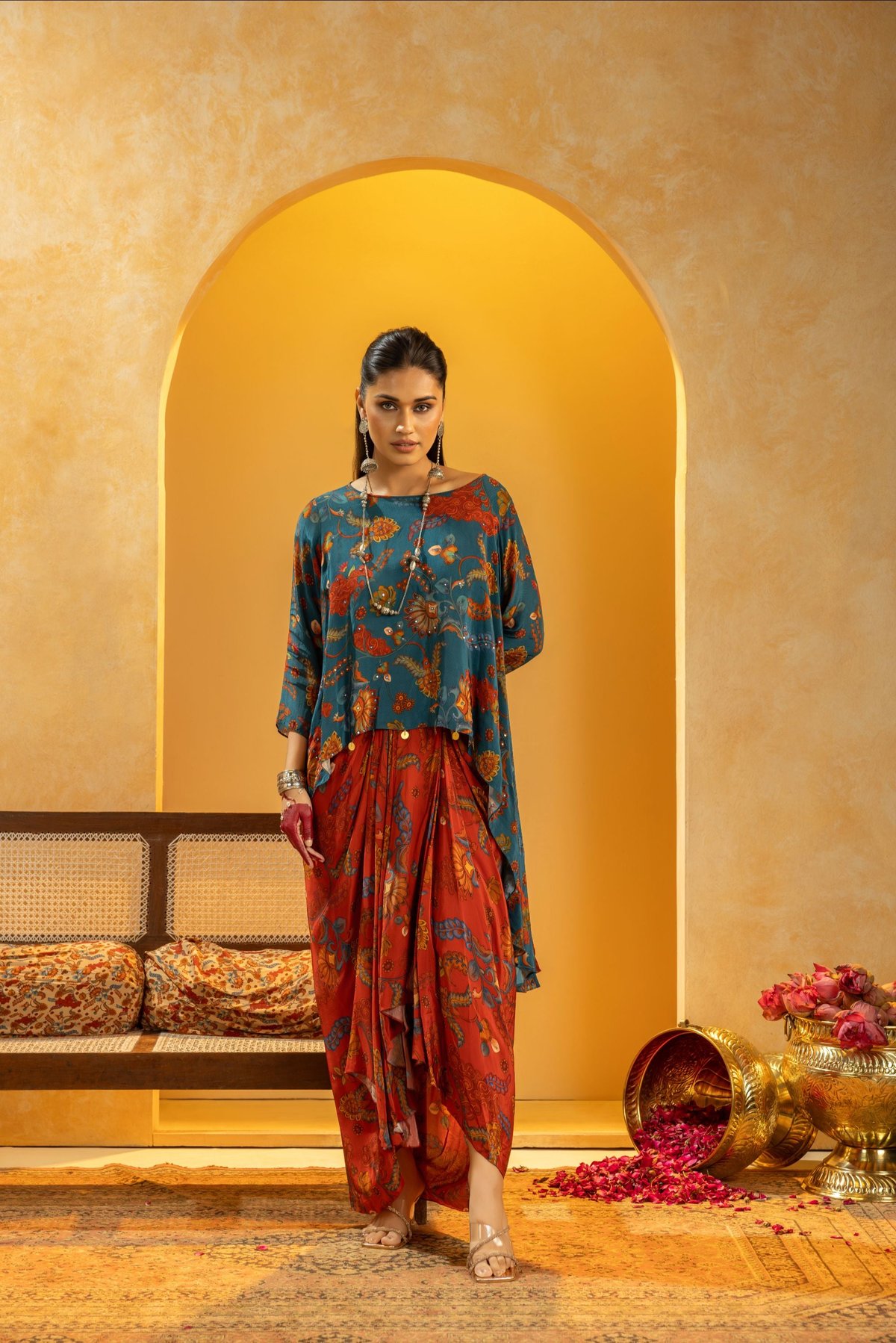 Printed Asymmetric Top and Drape Skirt Co-ord Set