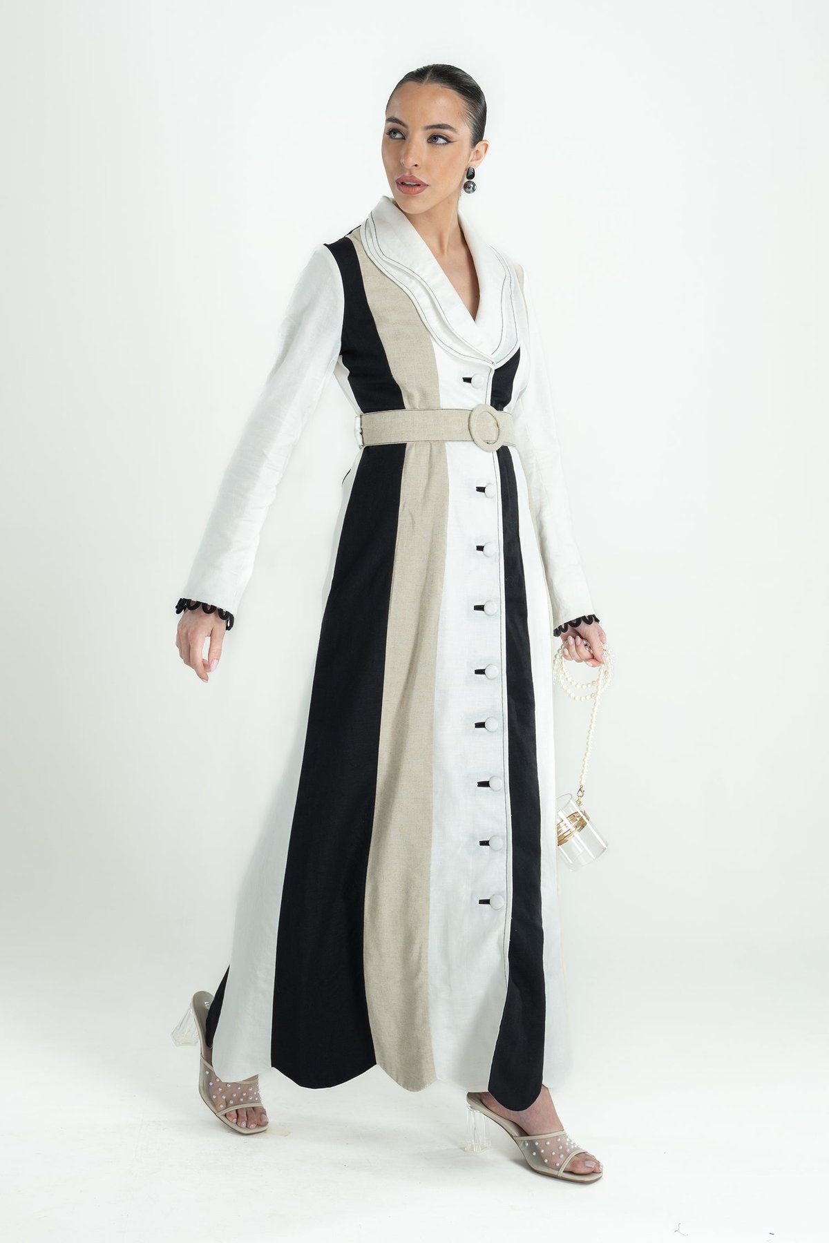 Black, White and Oat Colorblock Belted Long Trench Coat