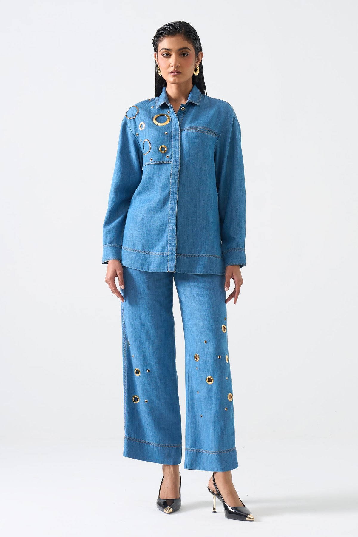Blue High-Rise Wide-Leg Tencel Trousers with Eyelets