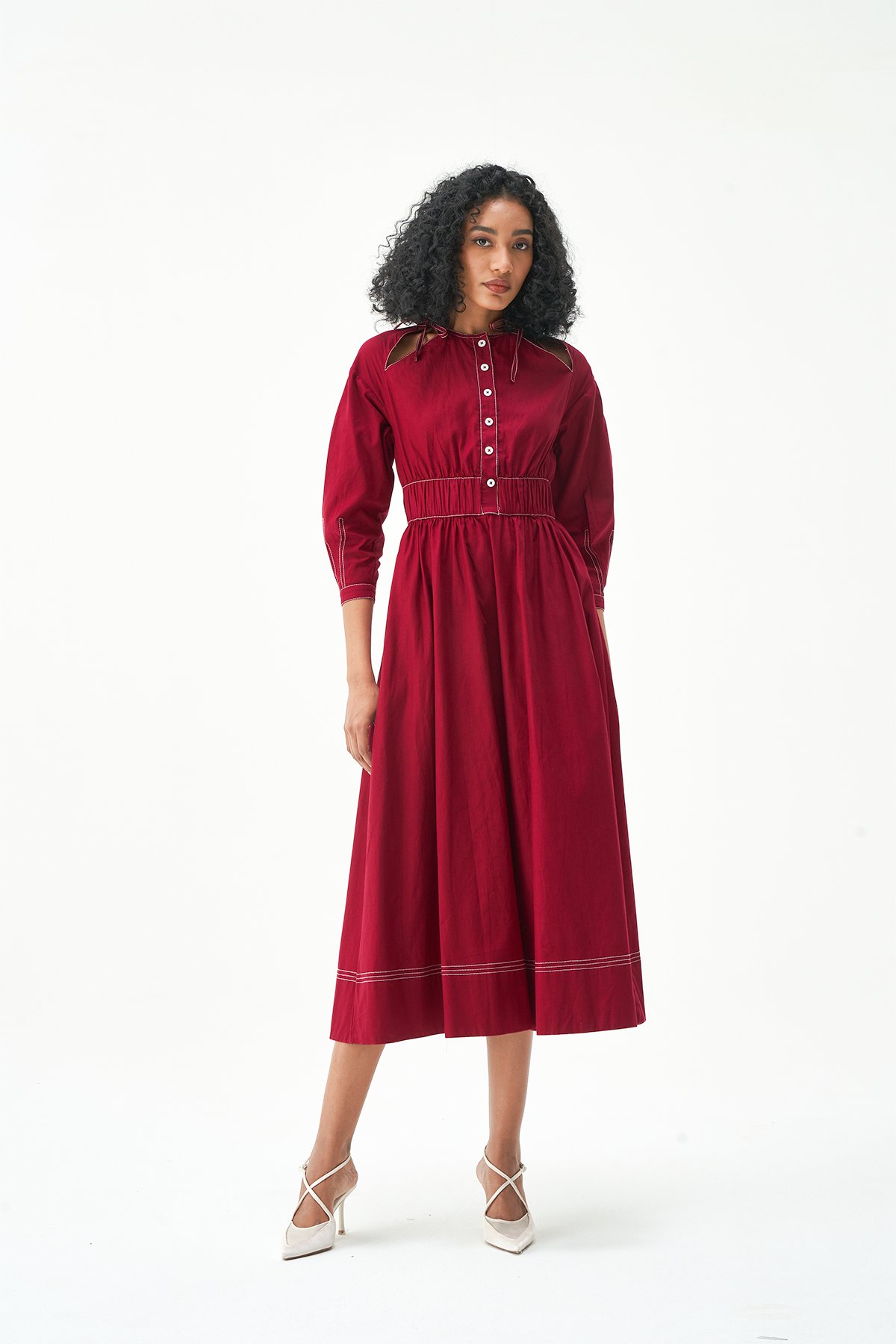 Wine Cotton Poplin Button-Front Fit and Flare Midi Dress