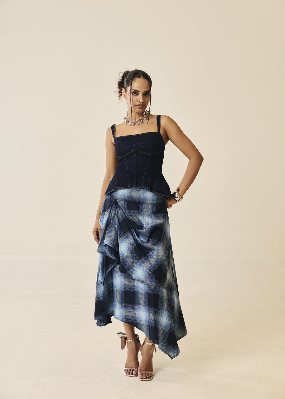 Vellichor Indigo Plaid Draped Asymmetric Skirt
