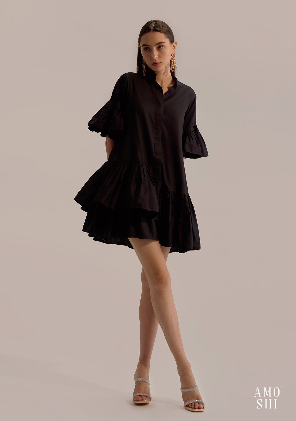 Black Button-Down Tiered Mini Dress with Ruffle Sleeves