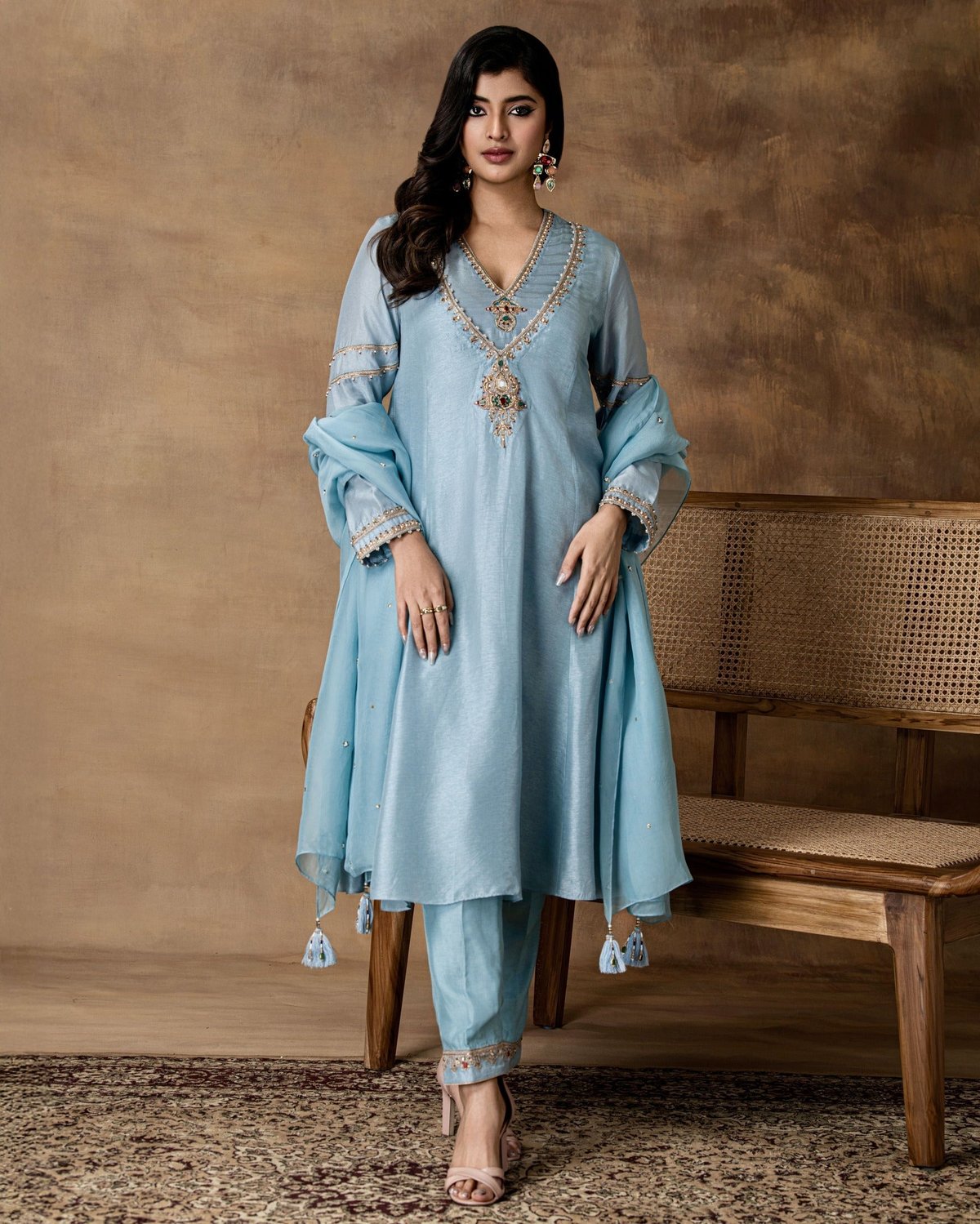 Rumi Powder Blue Silk Embroidered Kurta Set