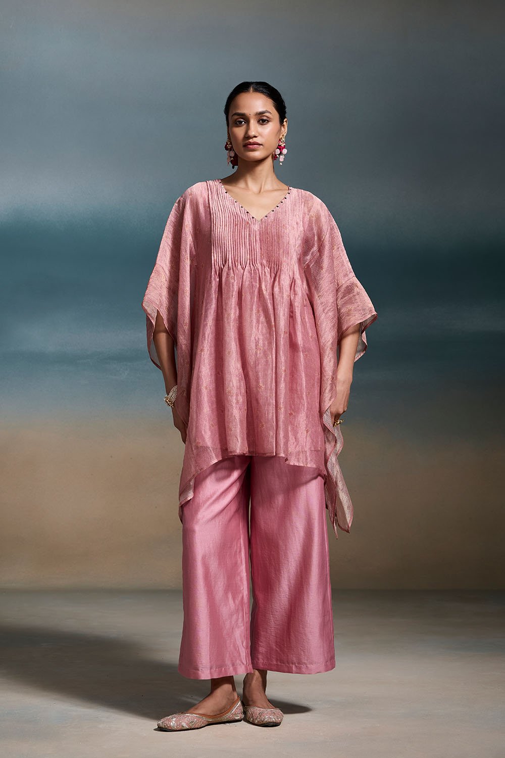 Old Rose Chanderi Kaftan Tunic and Pant Co-ord Set