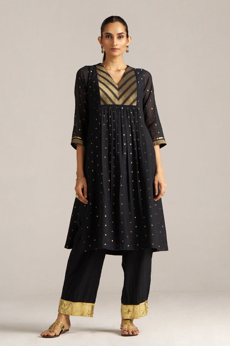 Black Zari Yoke A-Line Kurta Set with Wide-Leg Pants