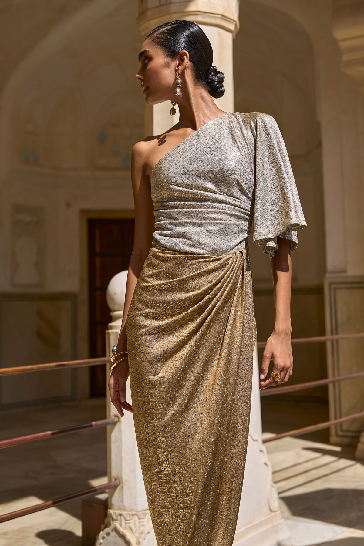 Champagne Gold One-Shoulder Metallic Maxi Dress