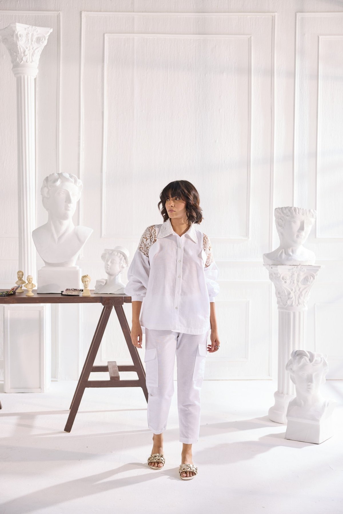 White Linen-Cotton Lace Detail Co-ord Set