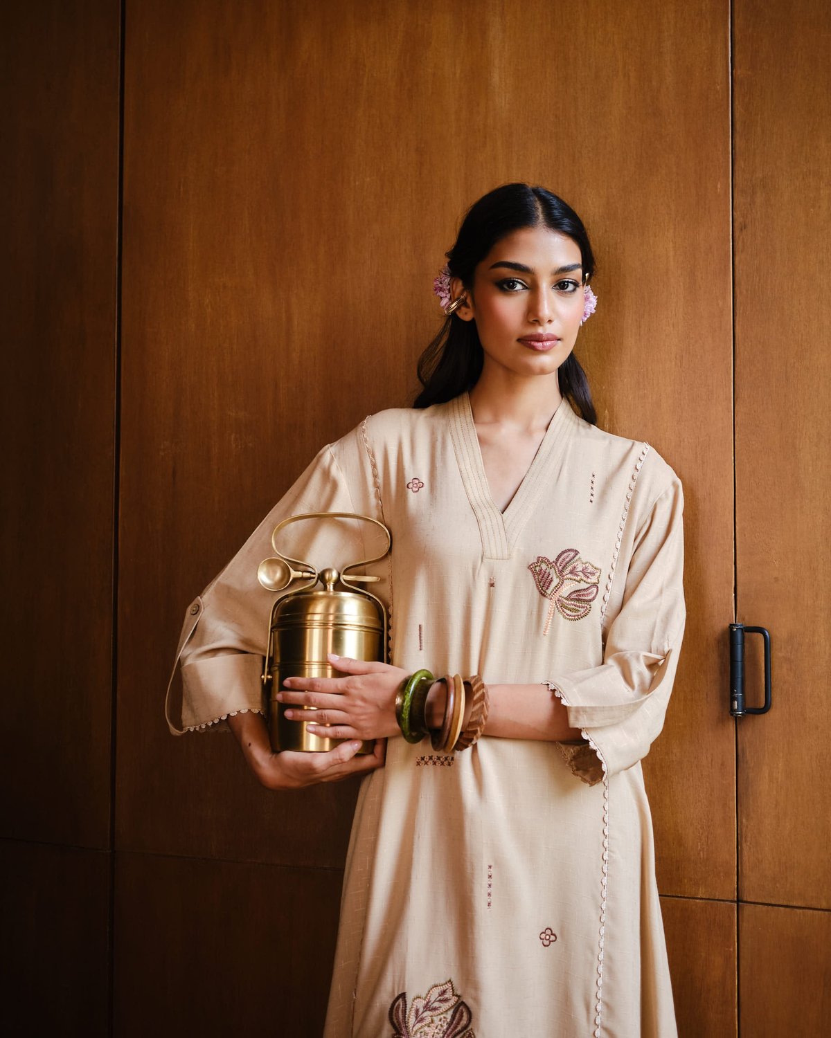 Beige Floral Embroidered Viscose Kurta Set
