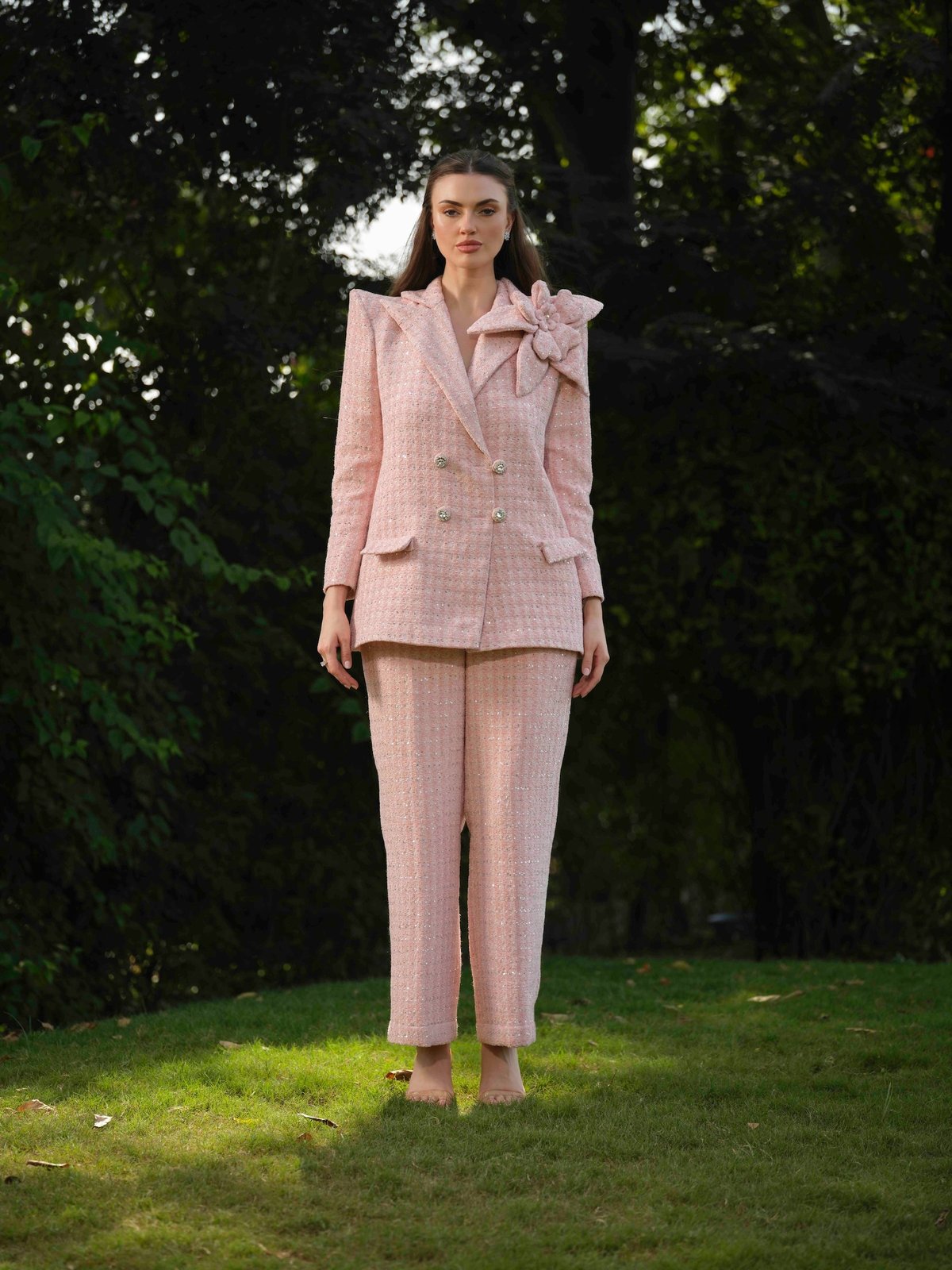 Pink Tweed Double-Breasted Blazer with 3D Shoulder Flower