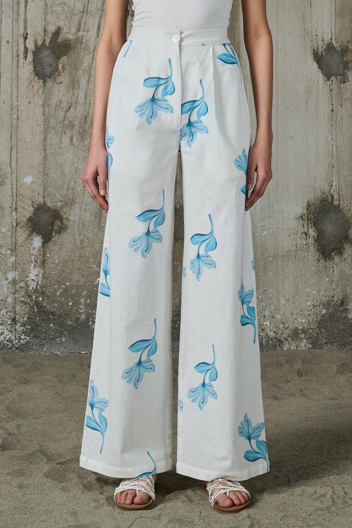 White Linen Wide-Leg Trousers with Blue Floral Print