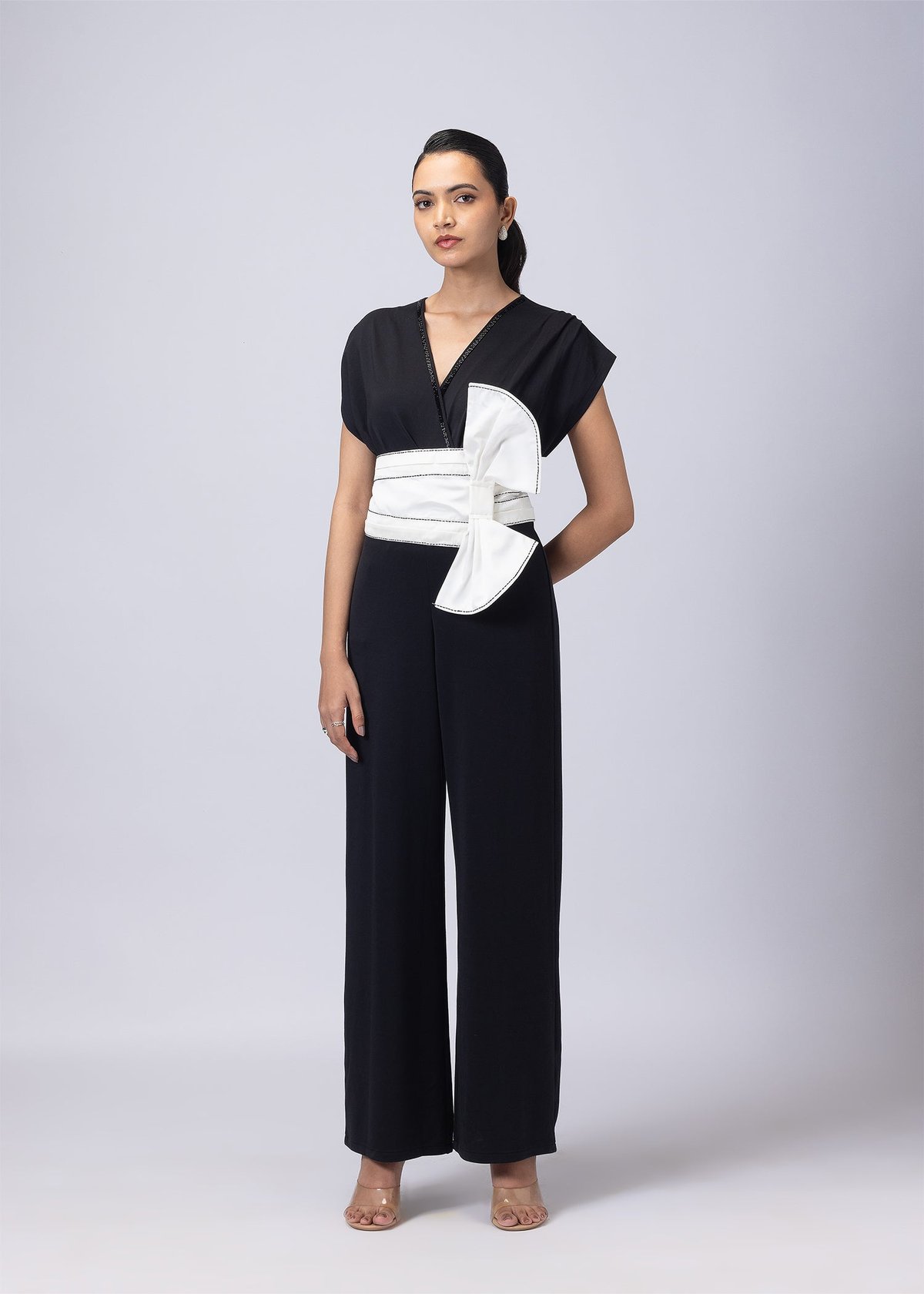 Black V-Neck Jumpsuit with Detachable White Bow Belt