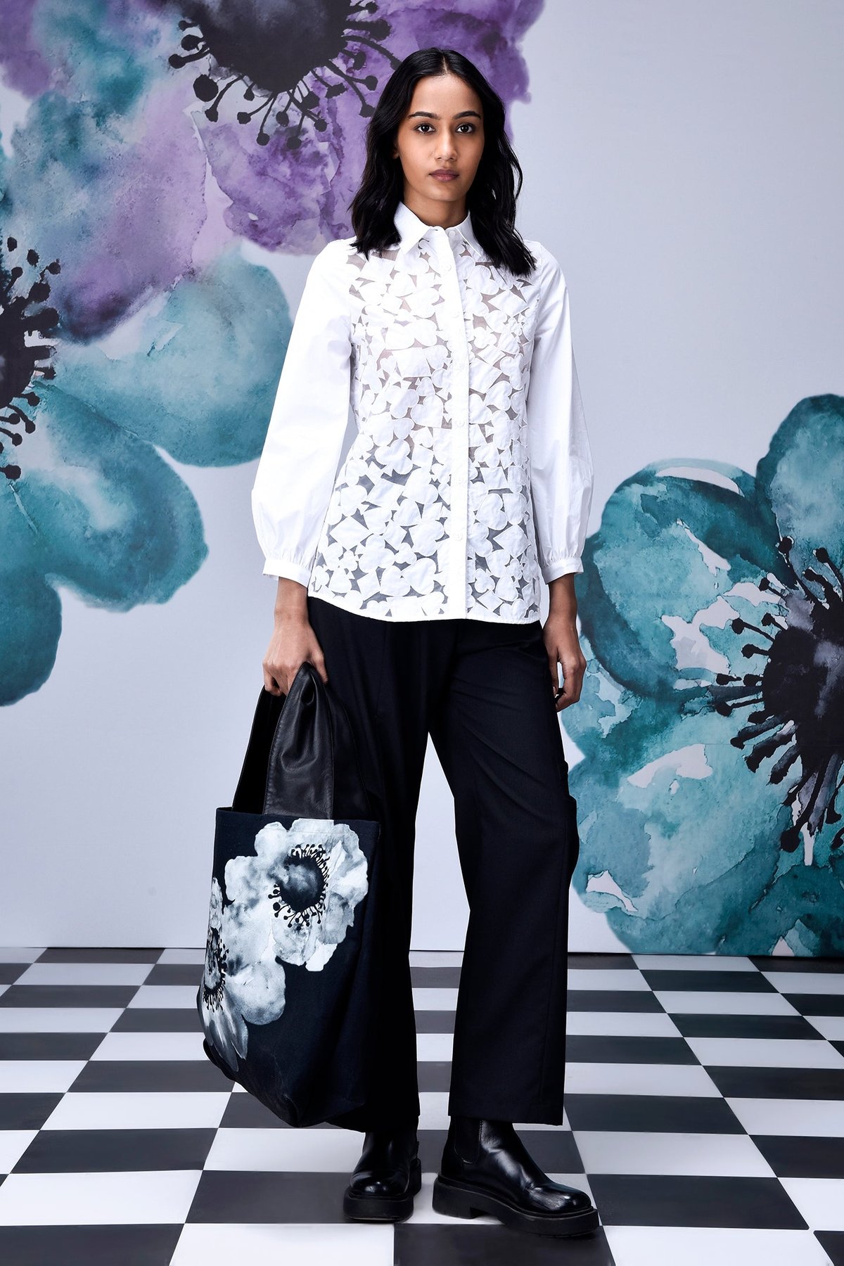 White Cutwork Button-Down Shirt with Full Sleeves