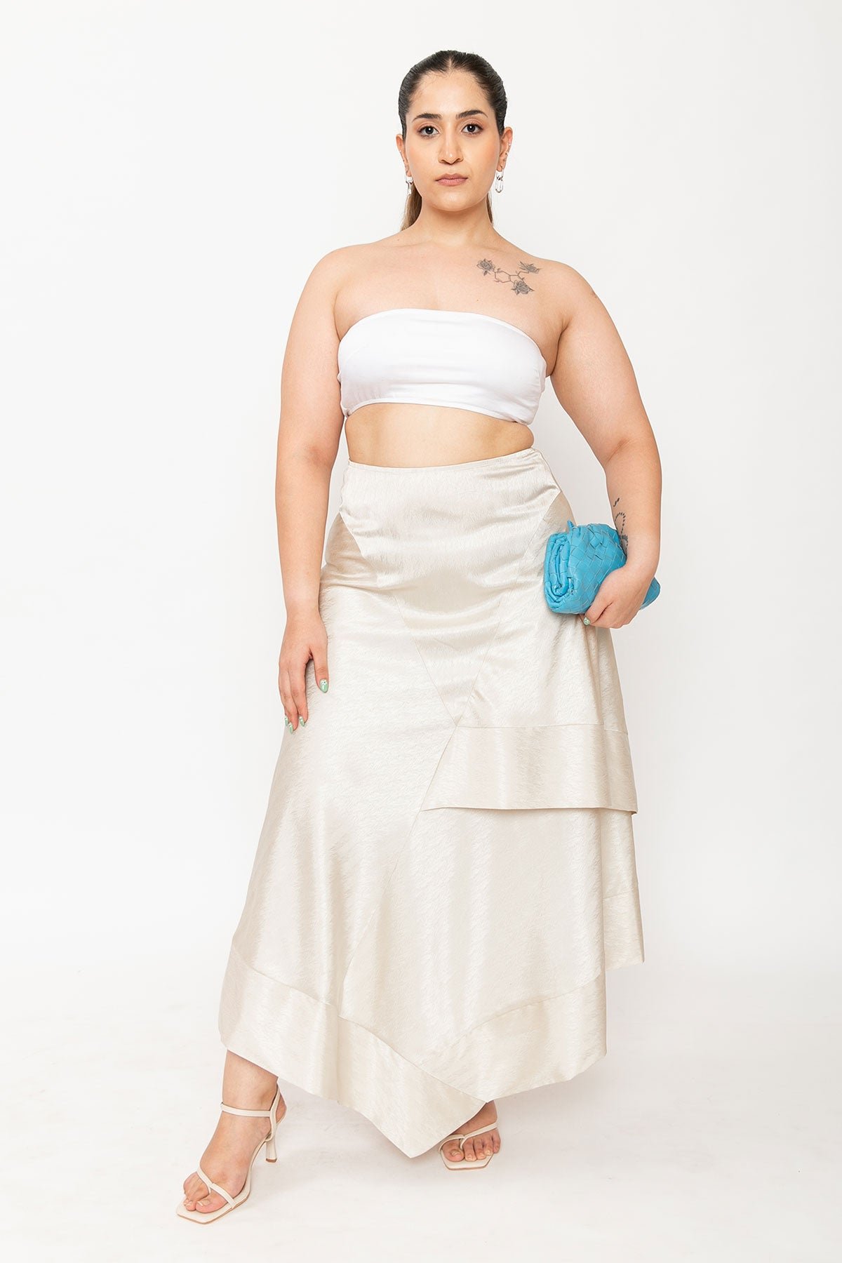 Cream Chevron Satin Asymmetrical Layered Maxi Skirt