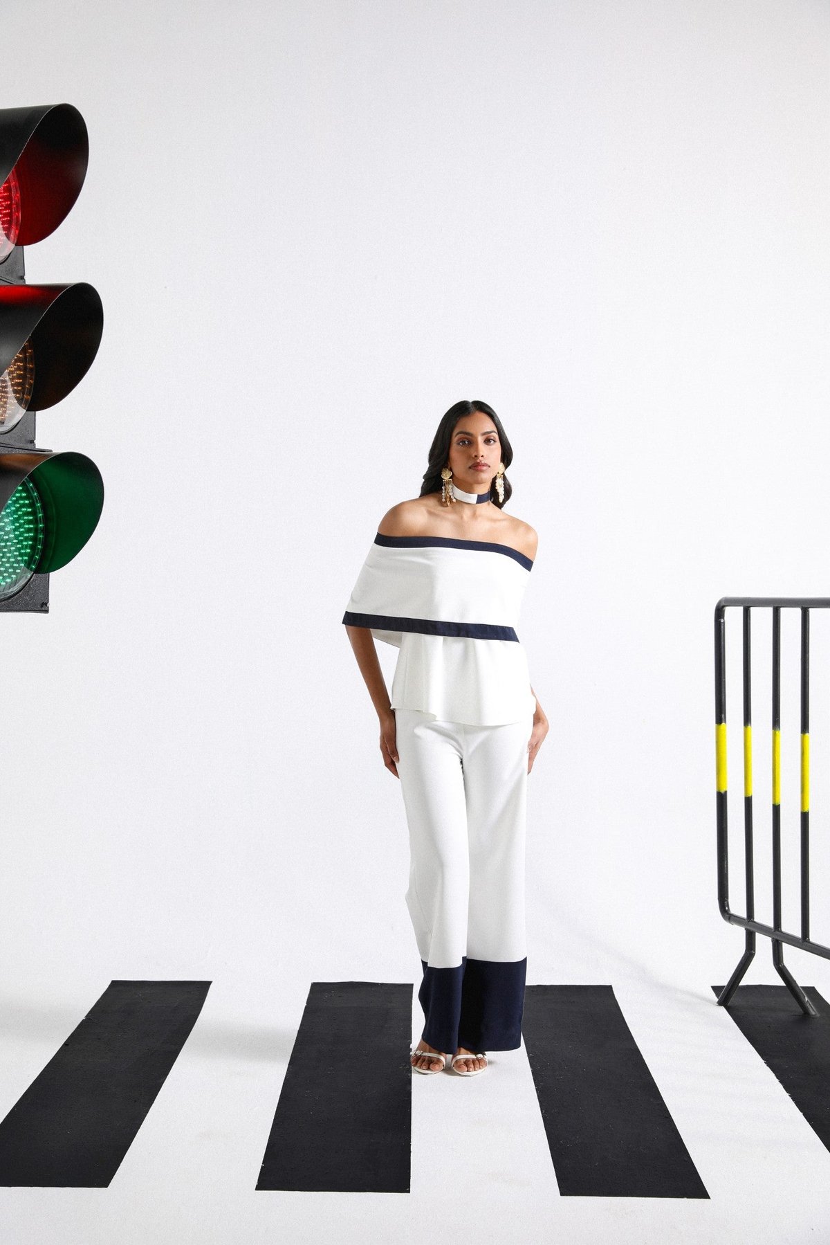 White and Navy Off-Shoulder Co-ord Set with Bootcut Pants