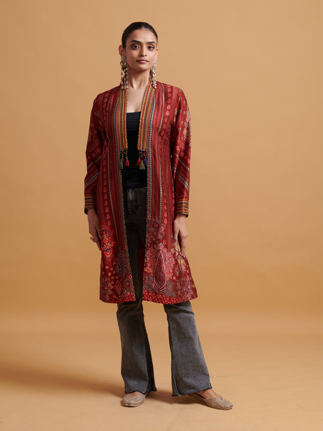 Red Longline Printed Jacket with Embroidered Lapel Tassels