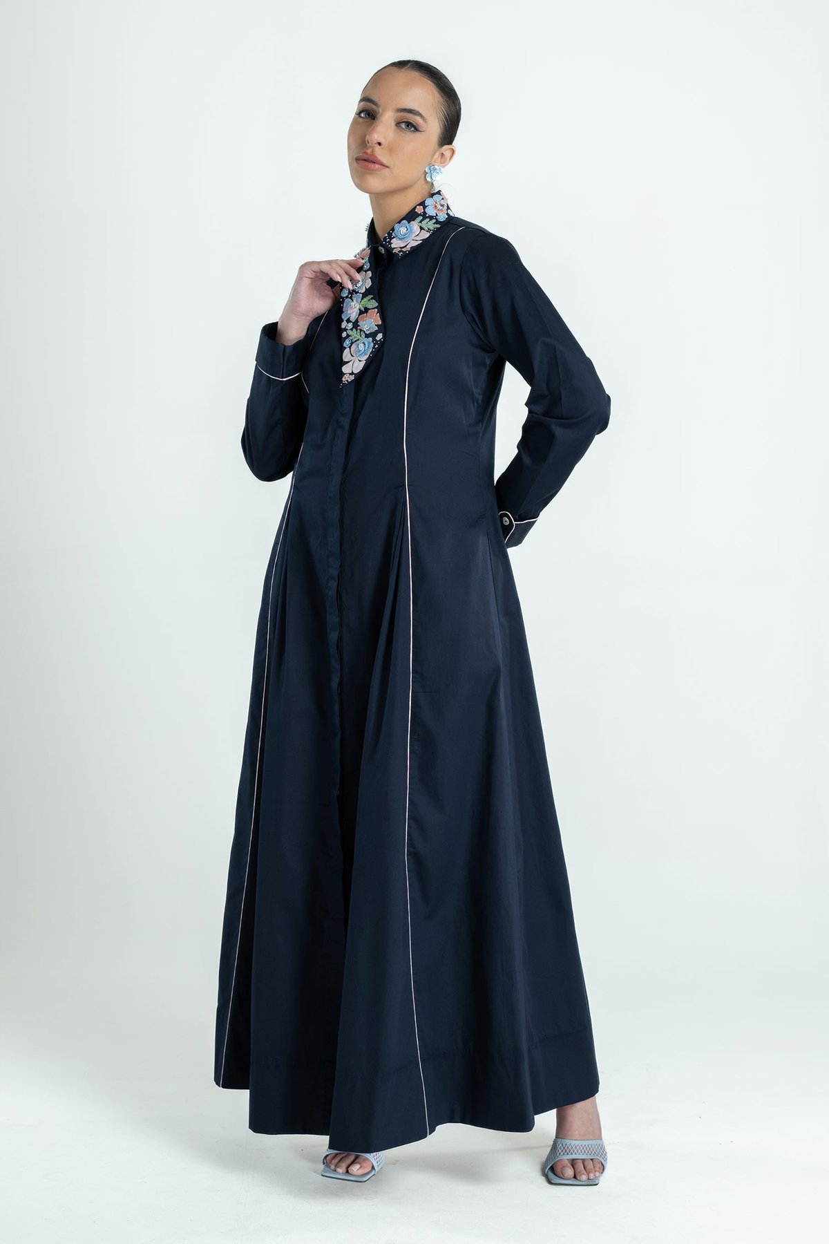 Navy Cotton Satin Fit and Flare Maxi Shirt Dress