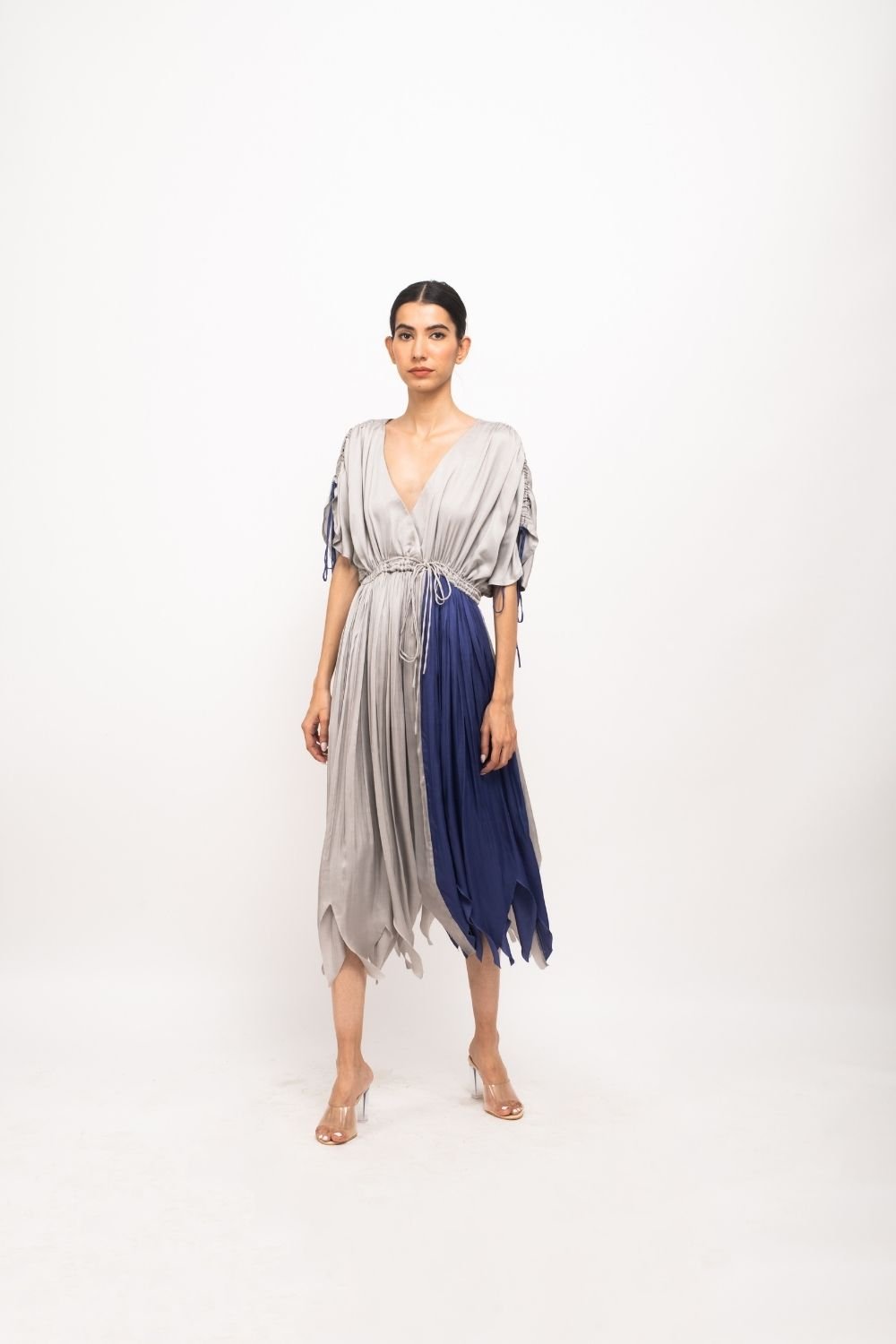 Grey/Blue Colorblocked Asymmetrical Midi Dress