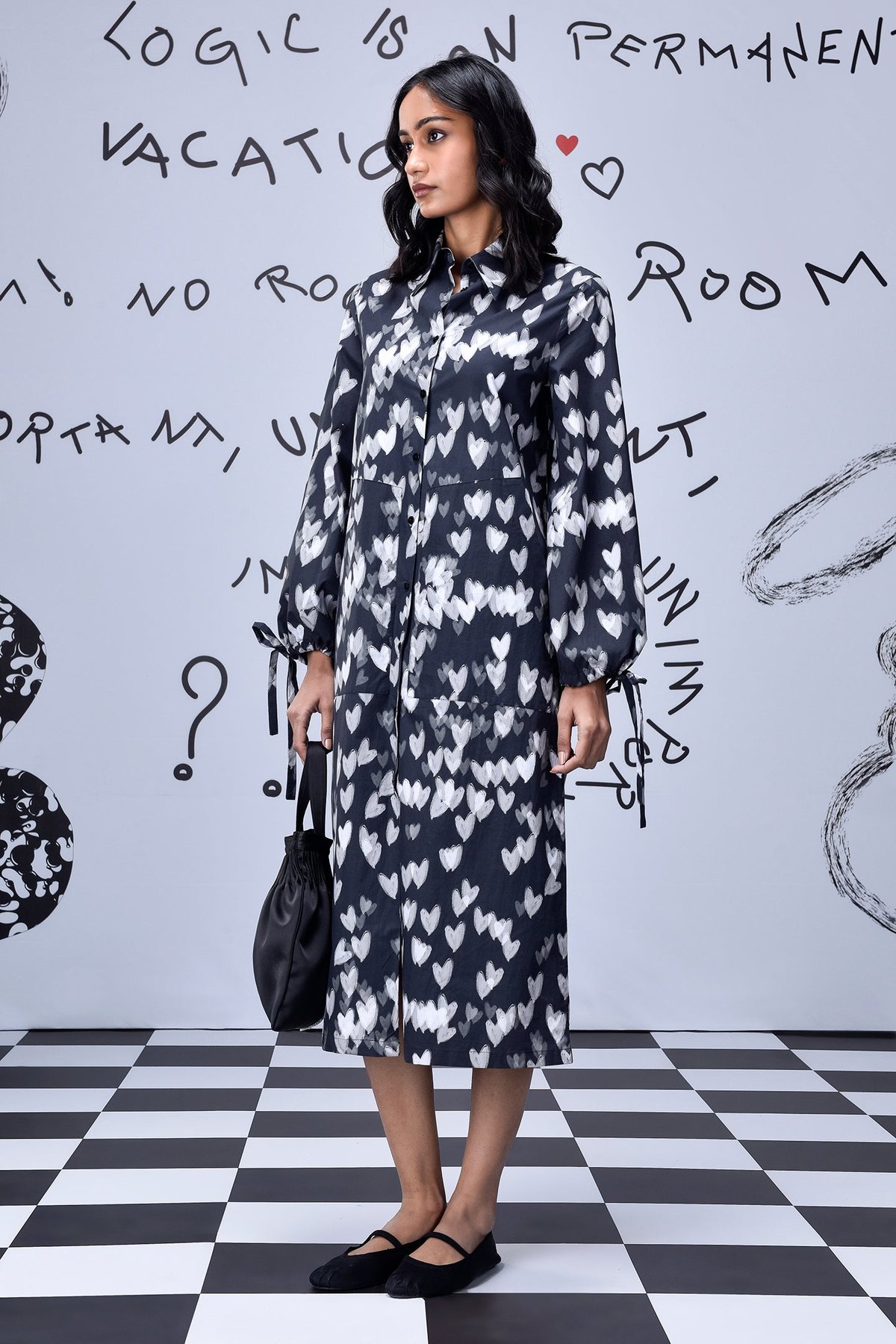 Black Heart Print Midi Shirt Dress with Belt