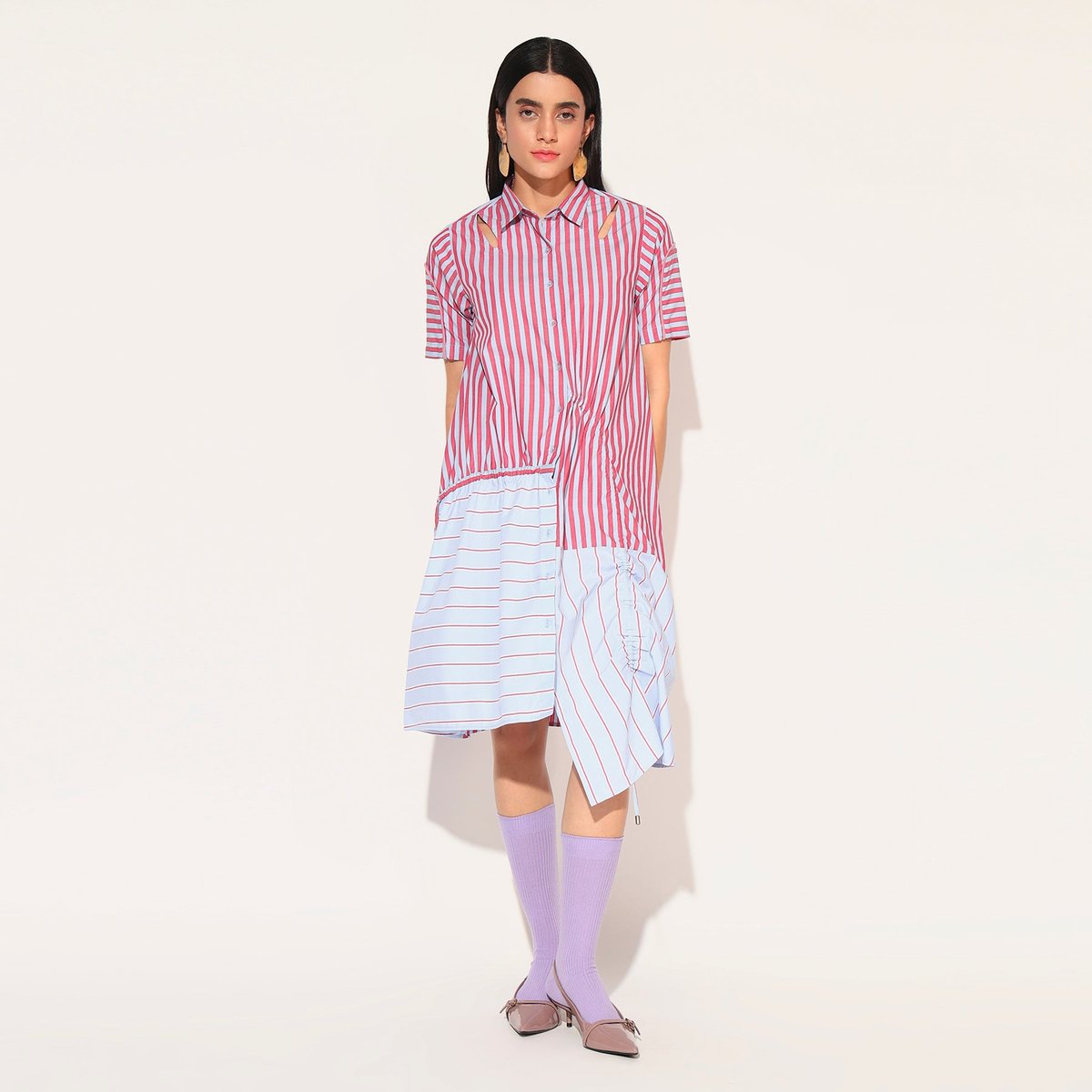 Red and Blue Colorblocked Striped Shirt Dress
